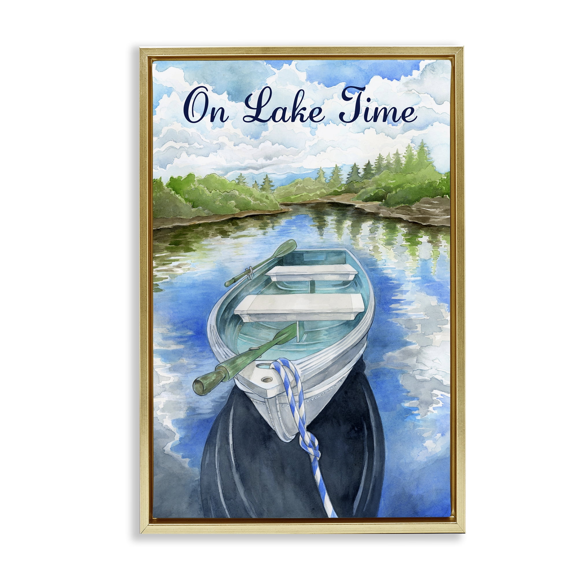 Stupell Industries On Lake Time Canoe Transportation Painting Gold Floater Framed Canvas Art Print Wall Art, 17 x 25
