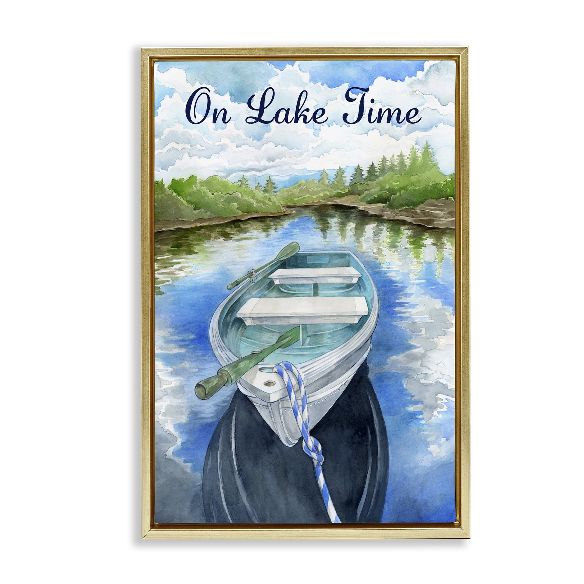 Stupell Industries On Lake Time Canoe Transportation Painting Gold Floater Framed Canvas Art Print Wall Art, 21 x 31