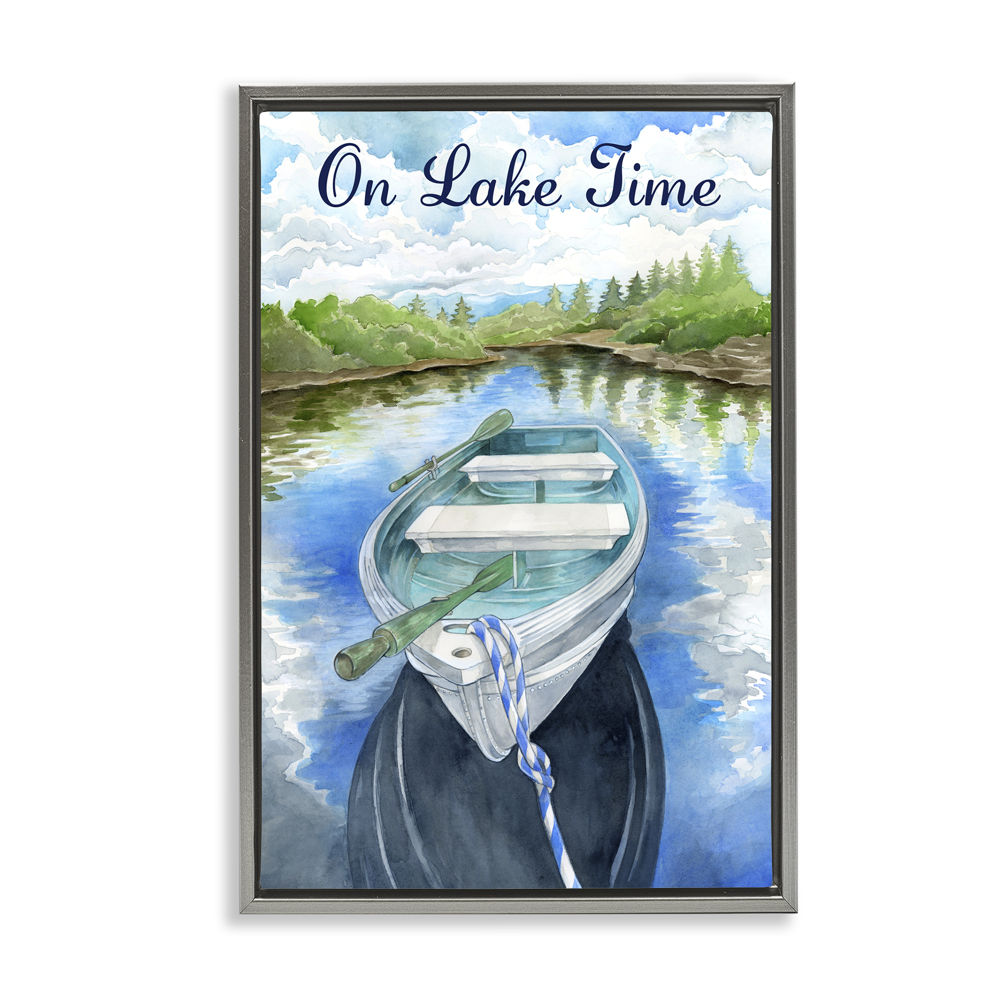Stupell Industries On Lake Time Canoe Transportation Painting Gray Floater Framed Canvas Art Print Wall Art, 17 x 25