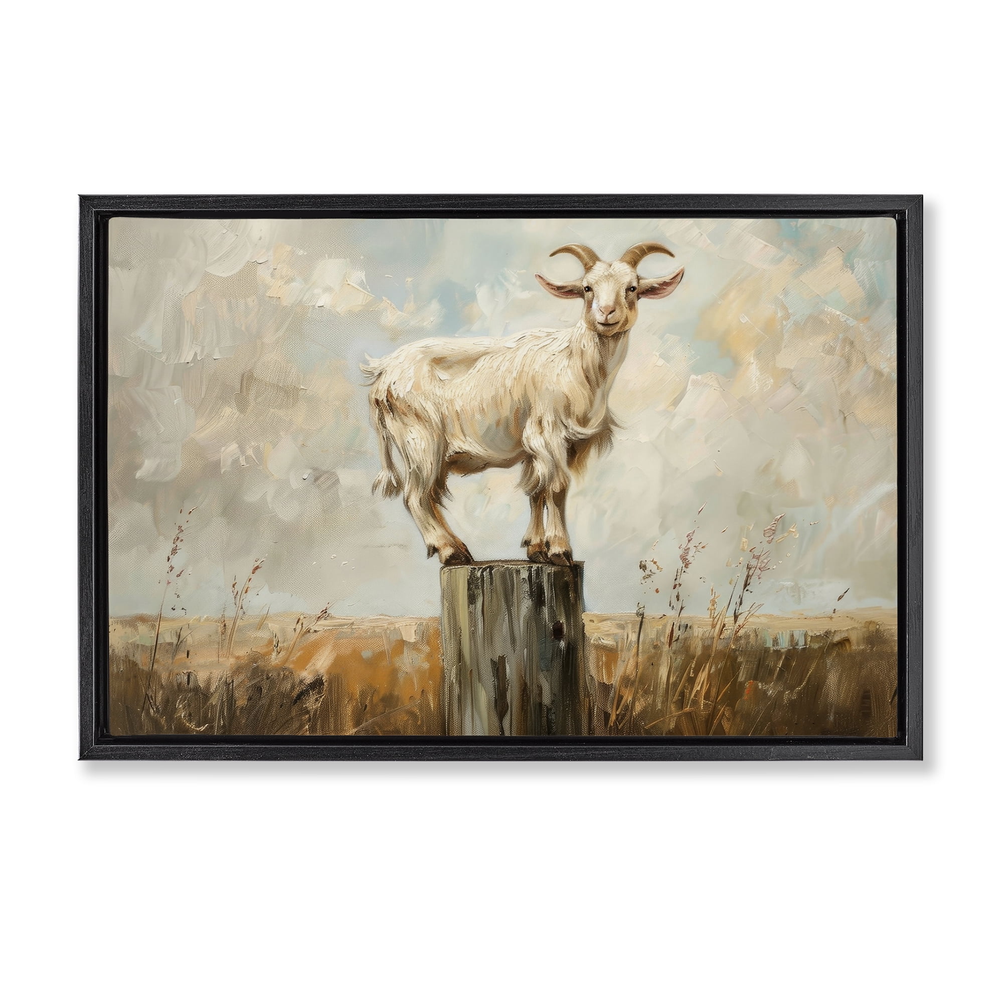 Stupell Industries On The Fence Goat Animals & Insects Painting Black Floater Framed Canvas Art Print Wall Art, 31 x 21