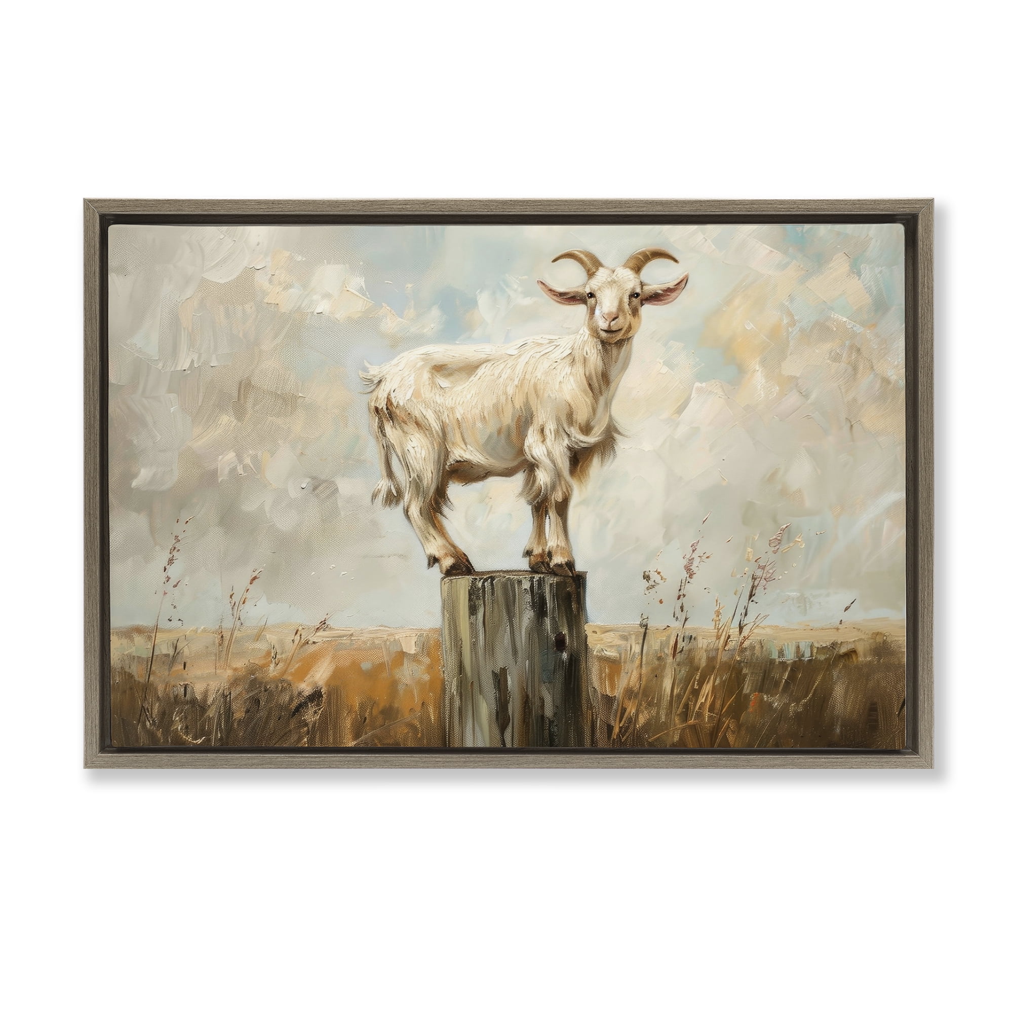 Stupell Industries On The Fence Goat Animals & Insects Painting Brown Floater Framed Canvas Art Print Wall Art, 31 x 21