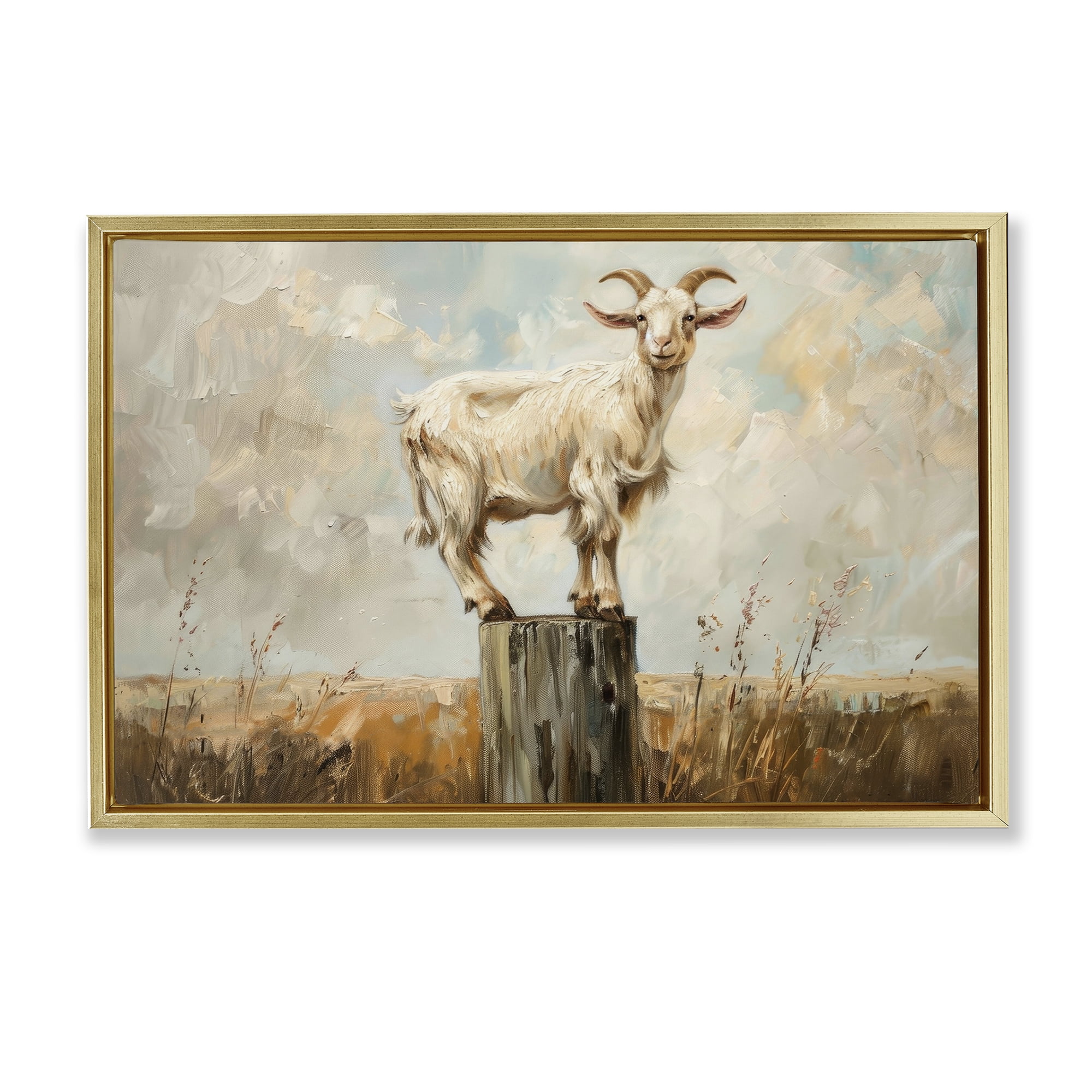 Stupell Industries On The Fence Goat Animals & Insects Painting Gold Floater Framed Canvas Art Print Wall Art, 25 x 17