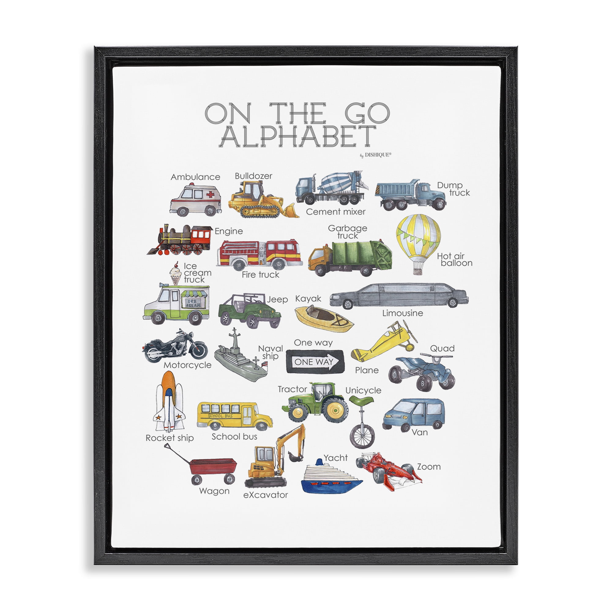 Stupell Industries On The Go Transportation Alphabet Art for Kids Painting Black Floater Framed Canvas Art Print Wall Art, 17 x 21