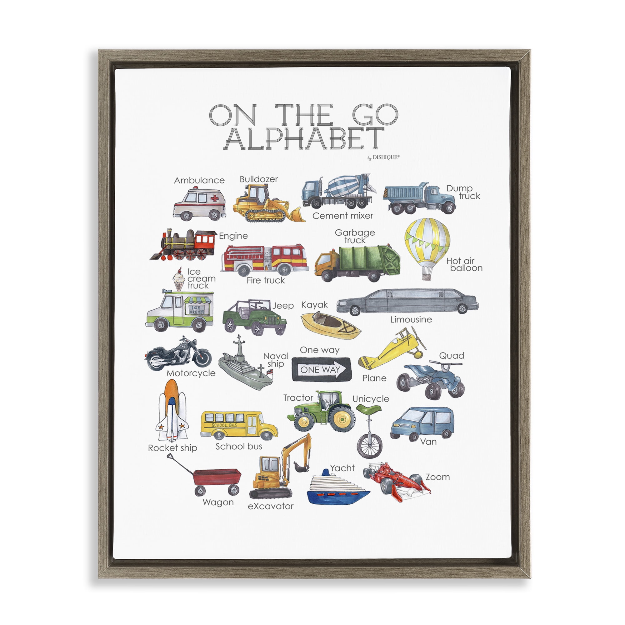 Stupell Industries On The Go Transportation Alphabet Art for Kids Painting Brown Floater Framed Canvas Art Print Wall Art, 17 x 21
