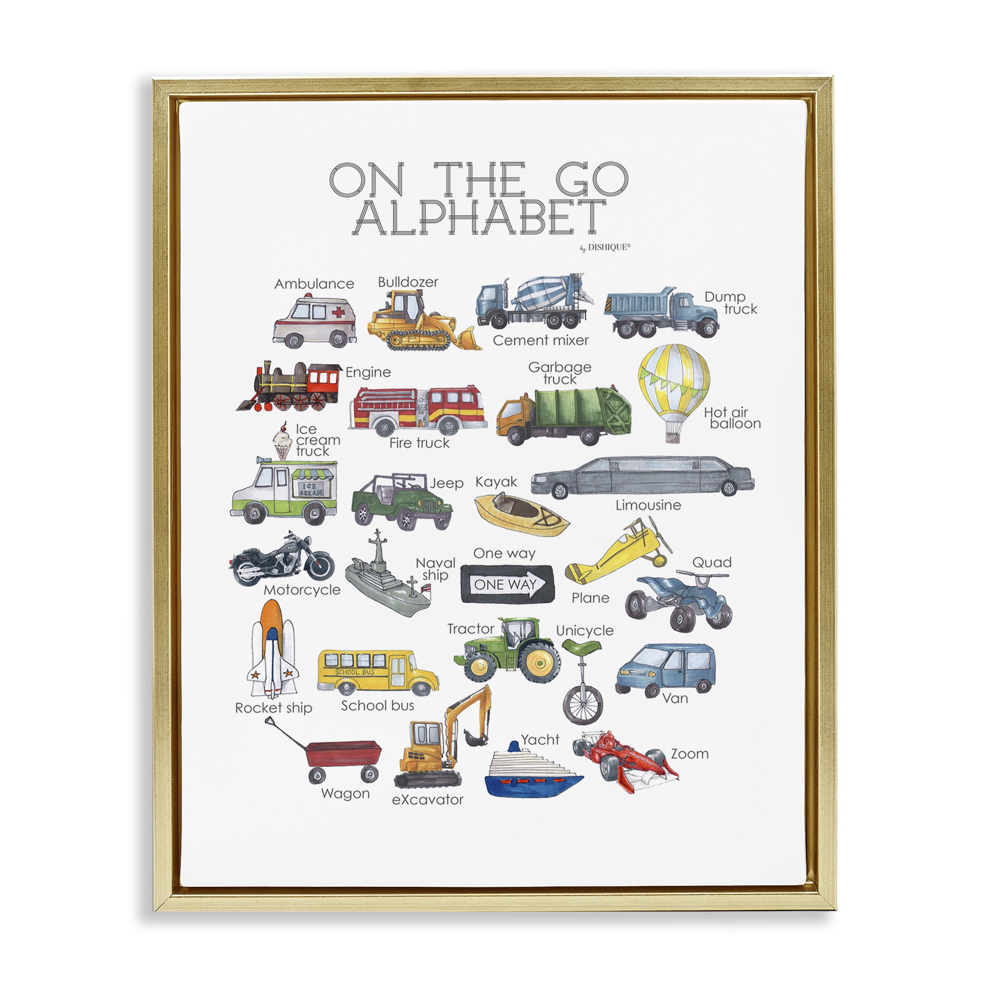 Stupell Industries On The Go Transportation Alphabet Art for Kids Painting Gold Floater Framed Canvas Art Print Wall Art, 17 x 21