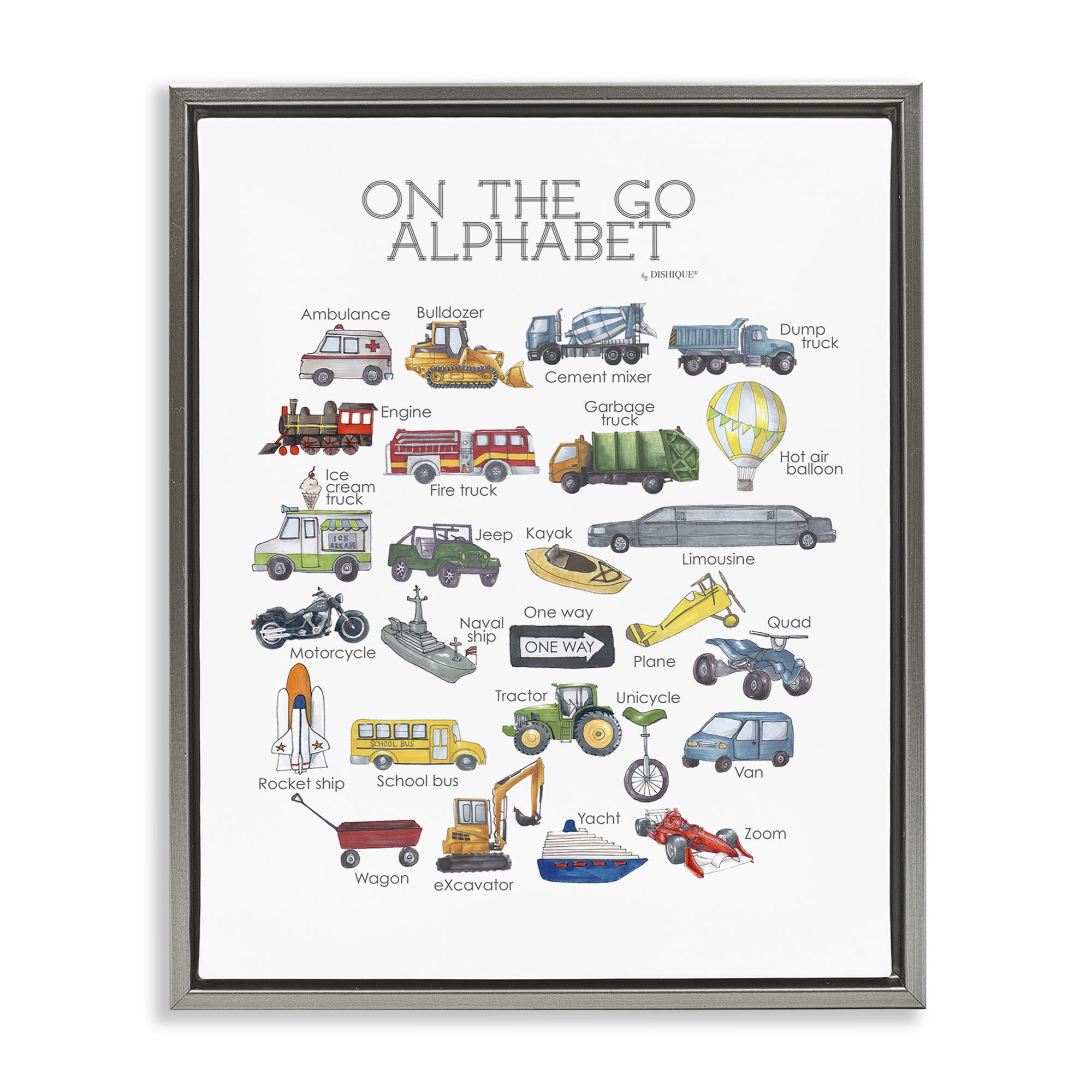 Stupell Industries On The Go Transportation Alphabet Art for Kids Painting Gray Floater Framed Canvas Art Print Wall Art, 17 x 21