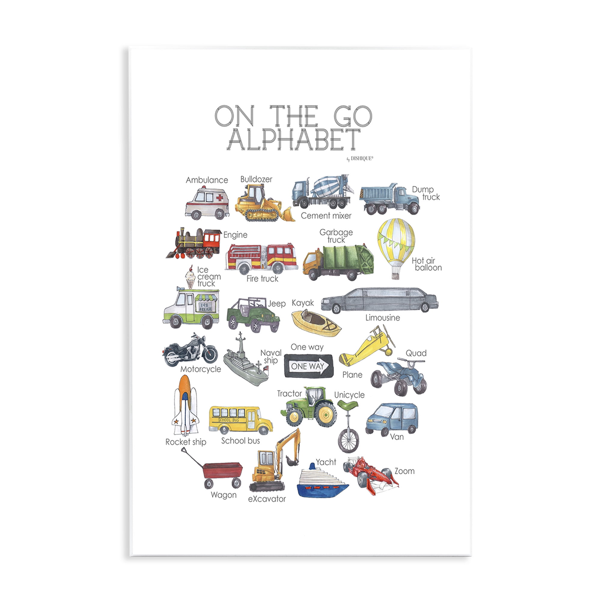 Stupell Industries On The Go Transportation Alphabet Art for Kids Painting Unframed Art Print Wall Art, 13 x 19
