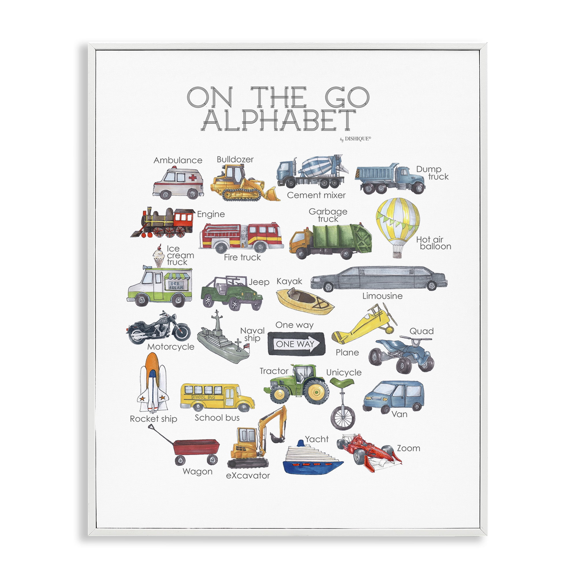 Stupell Industries On The Go Transportation Alphabet Art for Kids Painting White Framed Art Print Wall Art, 24 x 30