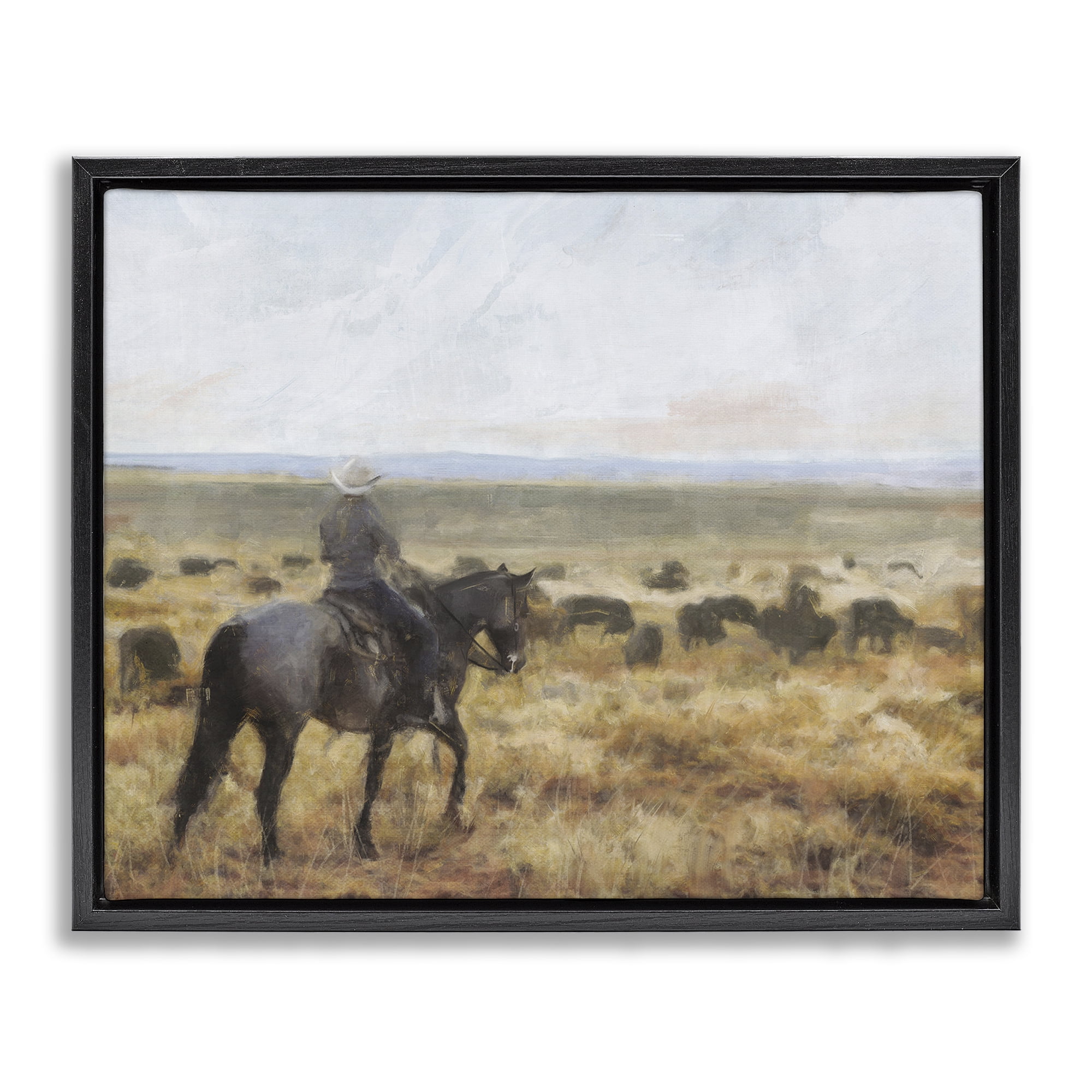 Stupell Industries On The Range Cowboy Landscape Painting Black Floater Framed Canvas Art Print Wall Art, 21 x 17
