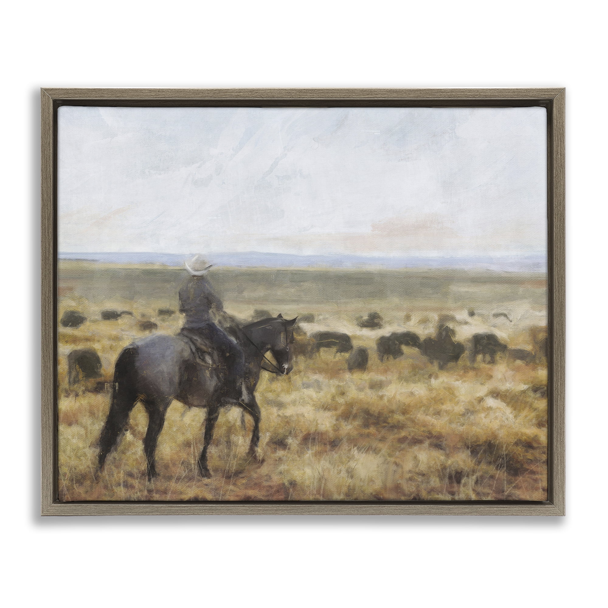 Stupell Industries On The Range Cowboy Landscape Painting Brown Floater Framed Canvas Art Print Wall Art, 21 x 17