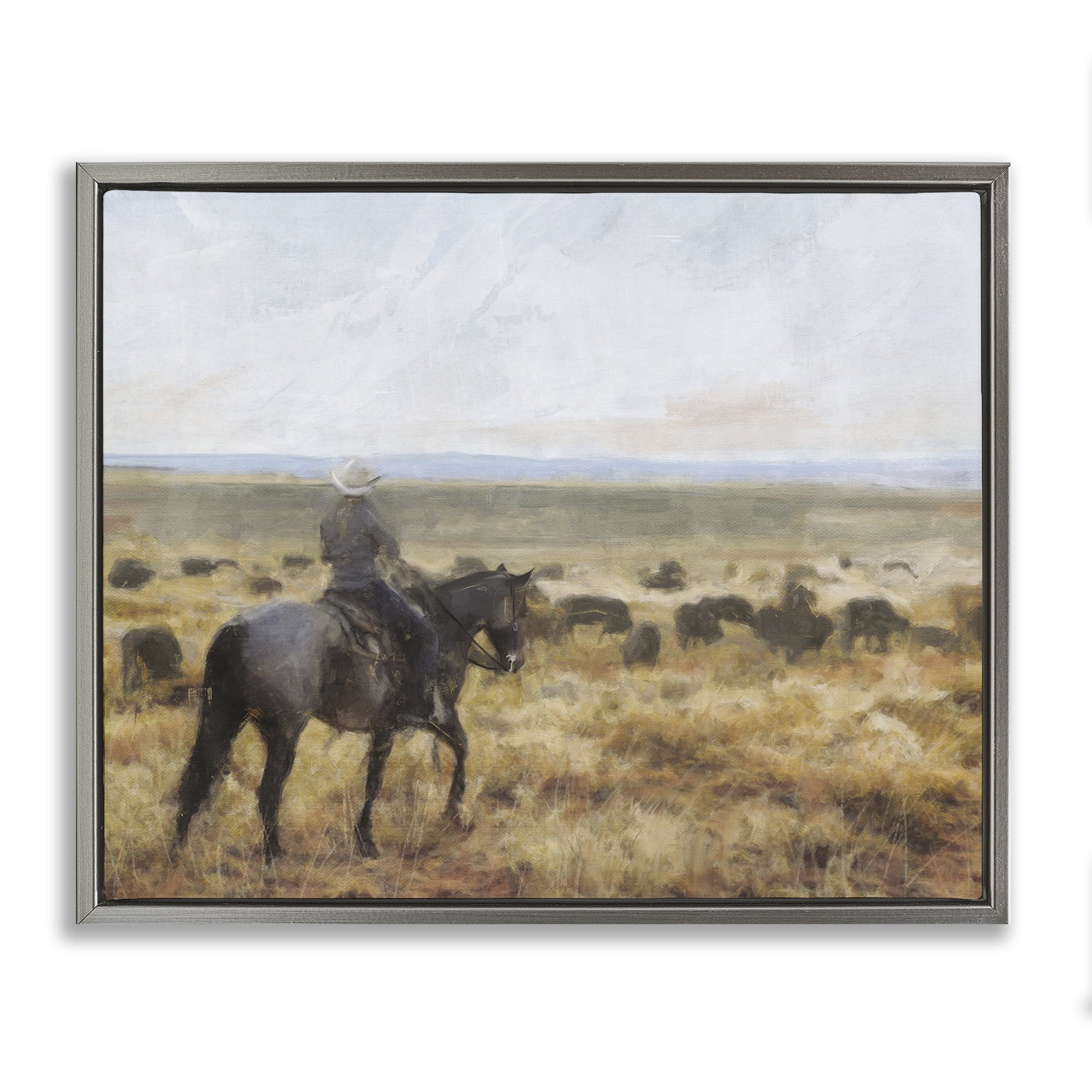 Stupell Industries On The Range Cowboy Landscape Painting Gray Floater Framed Canvas Art Print Wall Art, 21 x 17