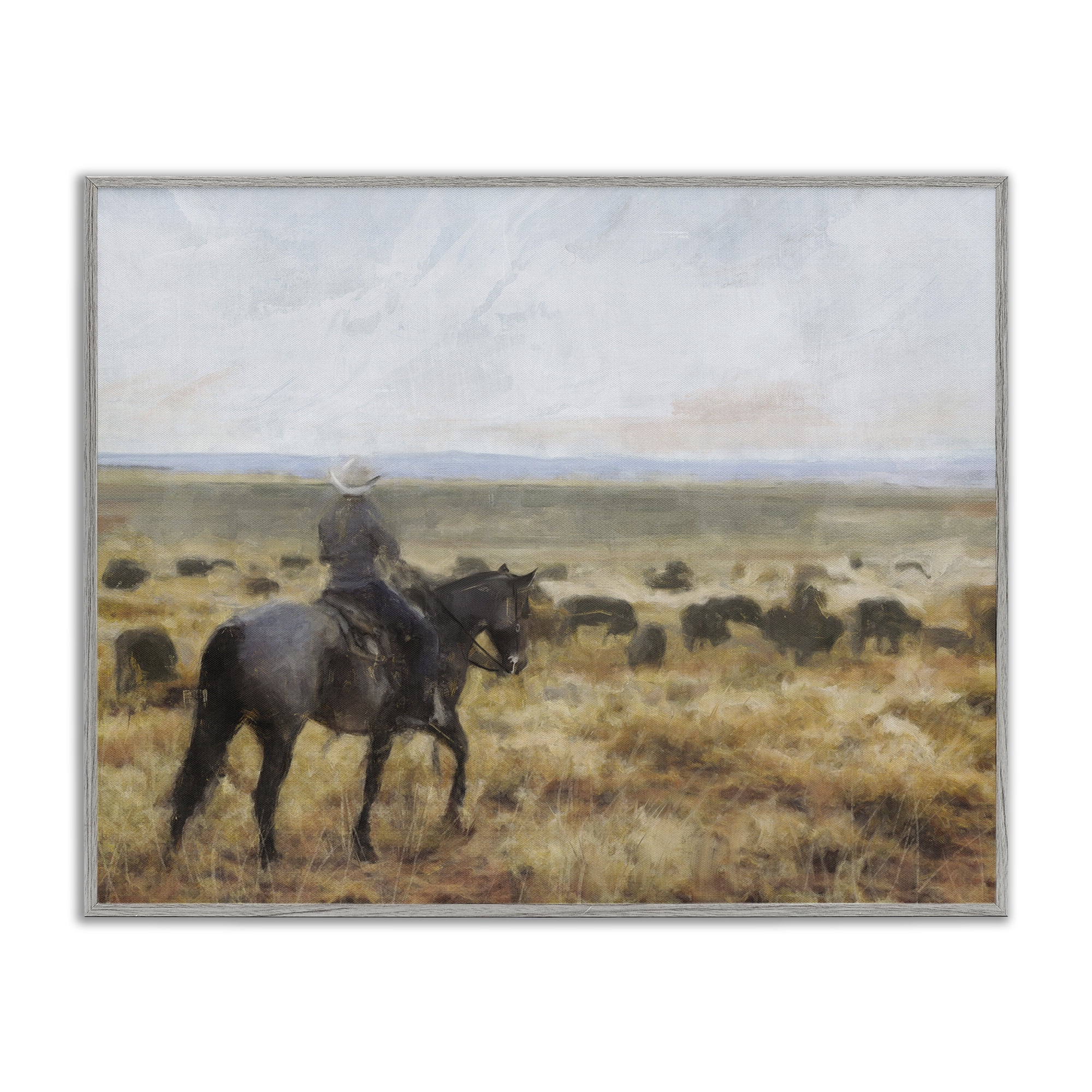 Stupell Industries On The Range Cowboy Landscape Painting Gray Framed Art Print Wall Art, 14 x 11