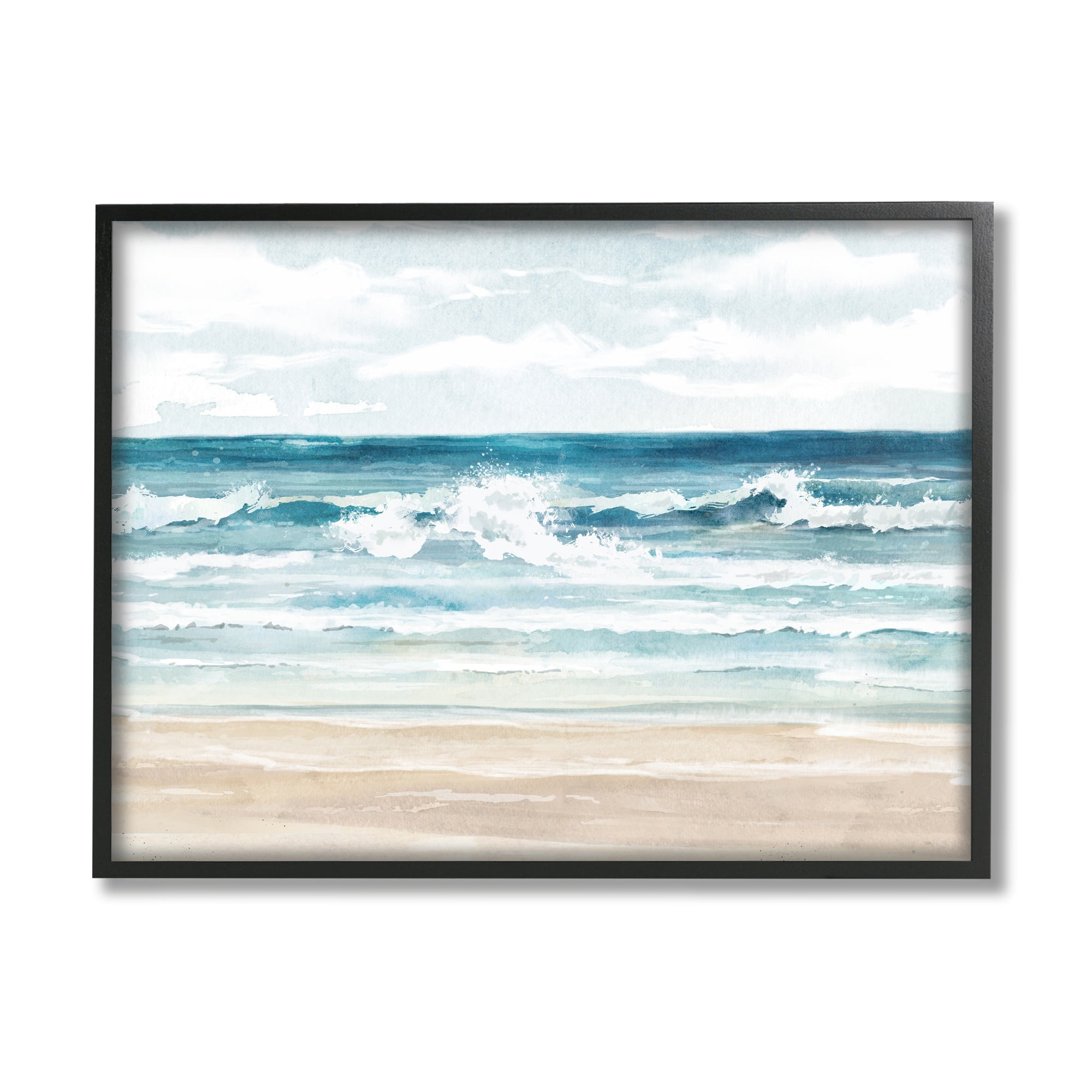 Stupell Industries On The Shore Beach Waves Landscape Painting Black Framed Art Print Wall Art, 20 x 16