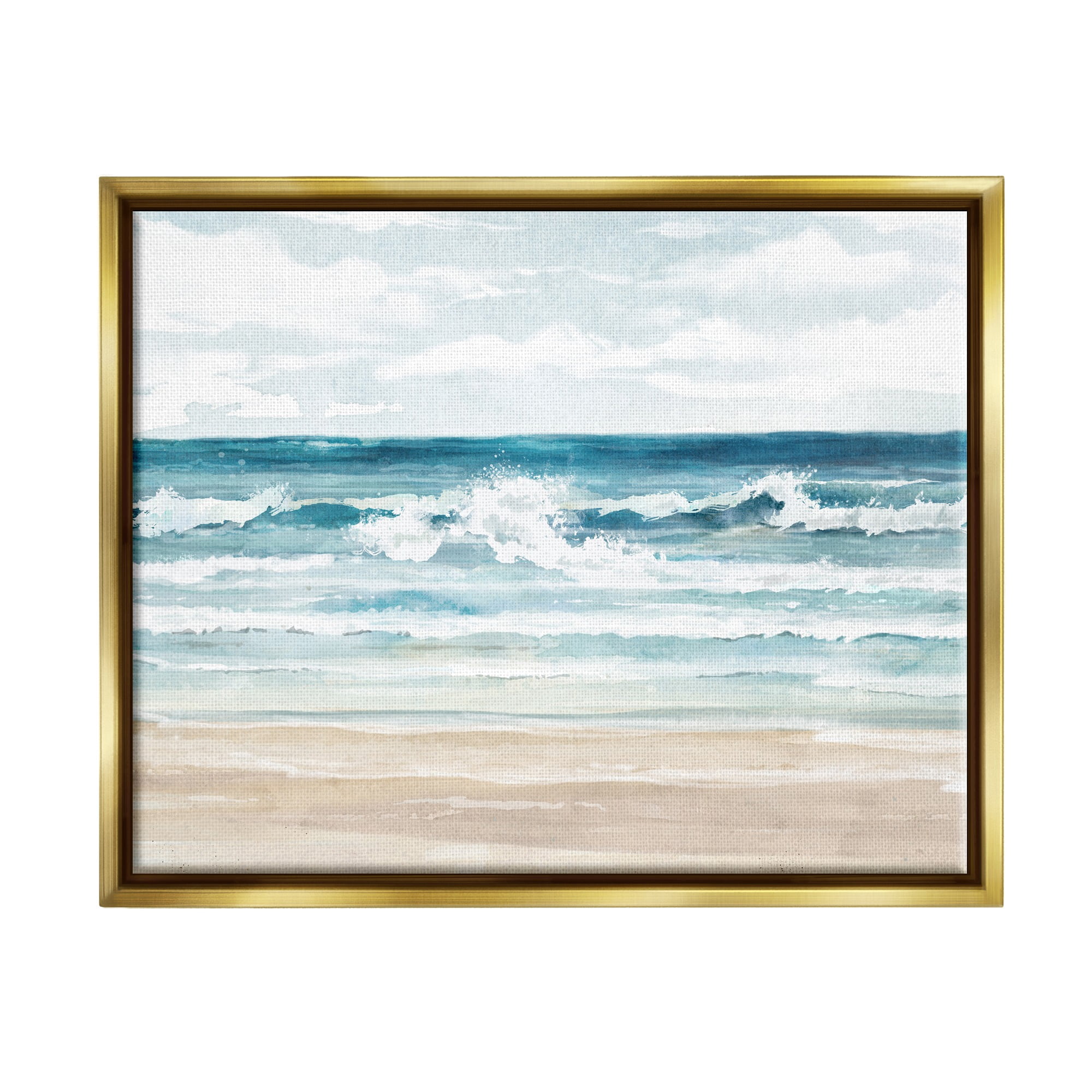 Stupell Industries On The Shore Beach Waves Landscape Painting Gold Floater Framed Canvas Art Print Wall Art, 31 x 25