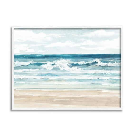 Stupell Industries On The Shore Beach Waves Landscape Painting White Framed Art Print Wall Art, 14 x 11