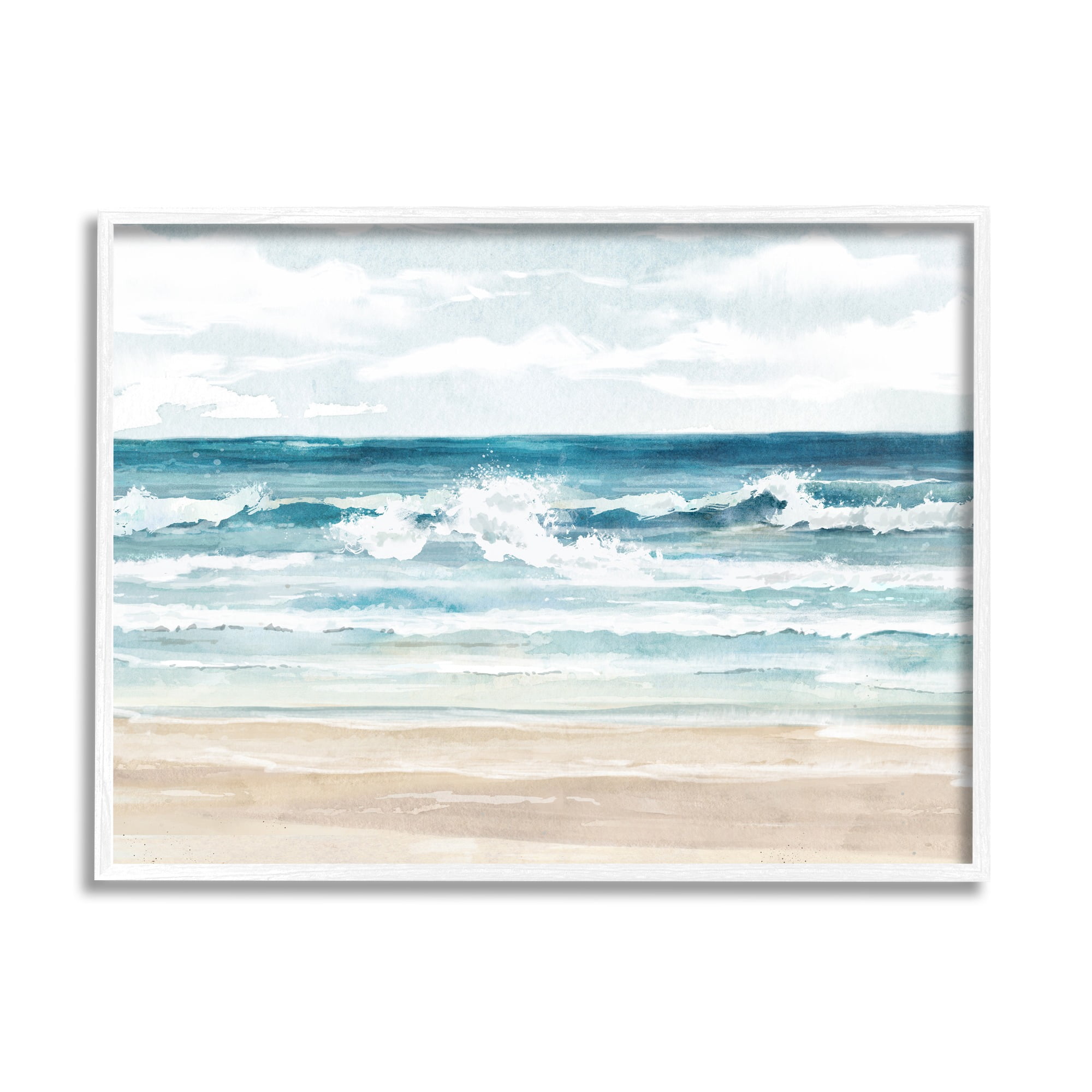 Stupell Industries On The Shore Beach Waves Landscape Painting White Framed Art Print Wall Art, 20 x 16