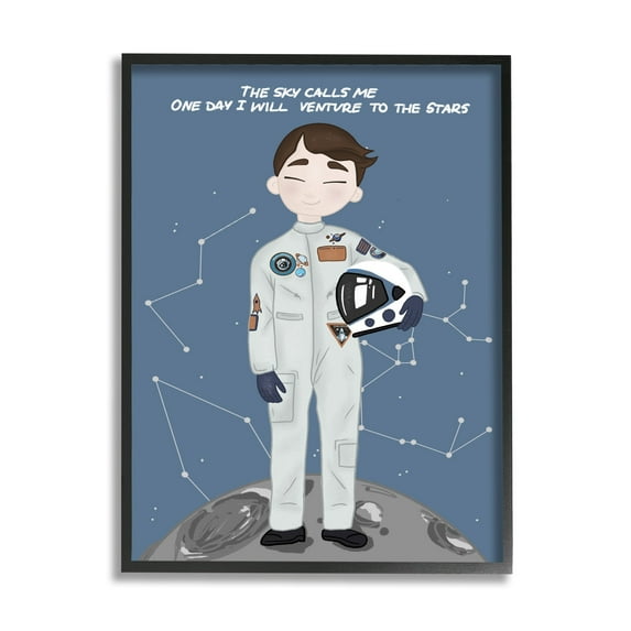Stupell Industries One Day Venture to Stars Boy Astronaut Moon Graphic Art Black Framed Art Print Wall Art, 16x20, by Birch&Ink