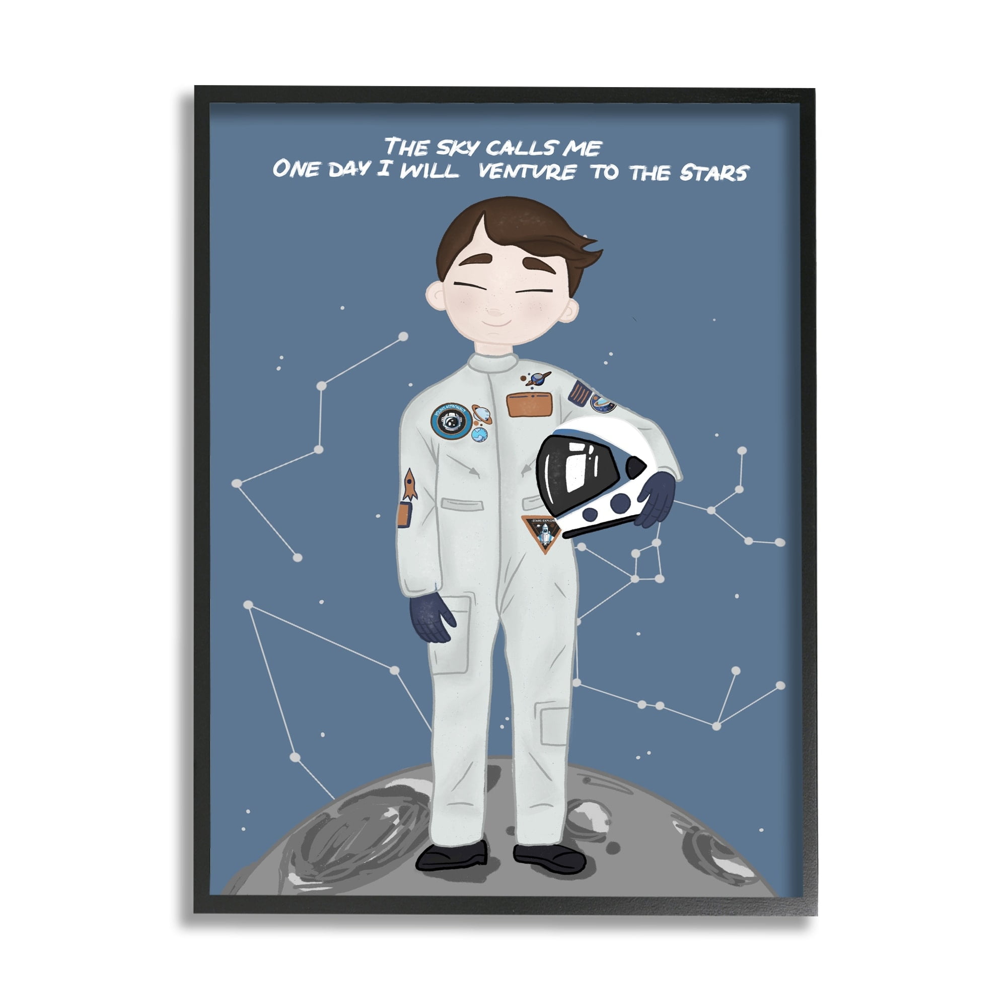 Stupell Industries One Day Venture to Stars Boy Astronaut Moon Graphic Art Black Framed Art Print Wall Art, 24x30, by Birch&Ink