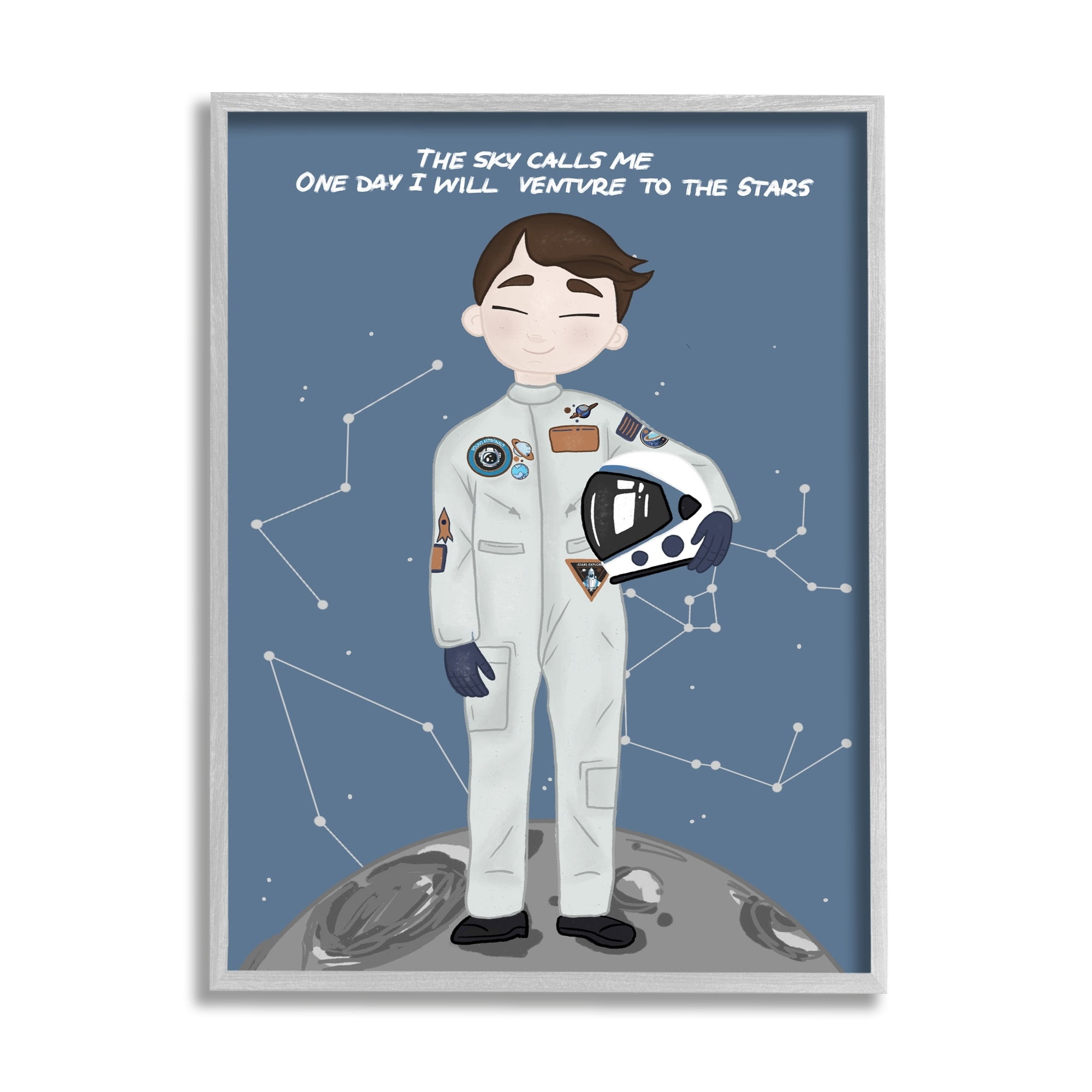 Stupell Industries One Day Venture to Stars Boy Astronaut Moon Graphic Art Gray Framed Art Print Wall Art, 16x20, by Birch&Ink
