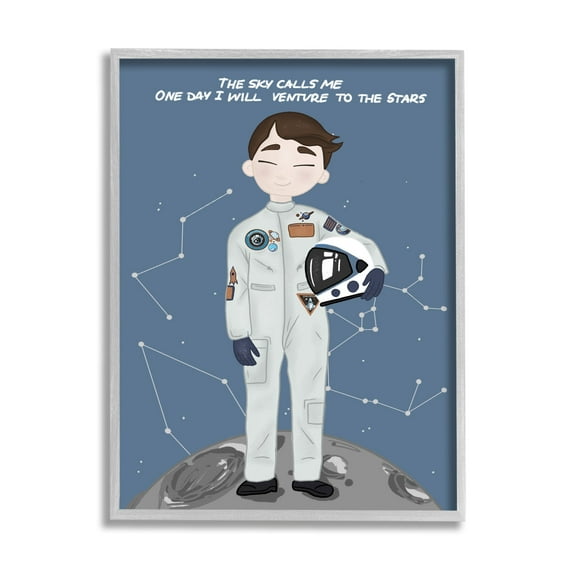 Stupell Industries One Day Venture to Stars Boy Astronaut Moon Graphic Art Gray Framed Art Print Wall Art, 24x30, by Birch&Ink