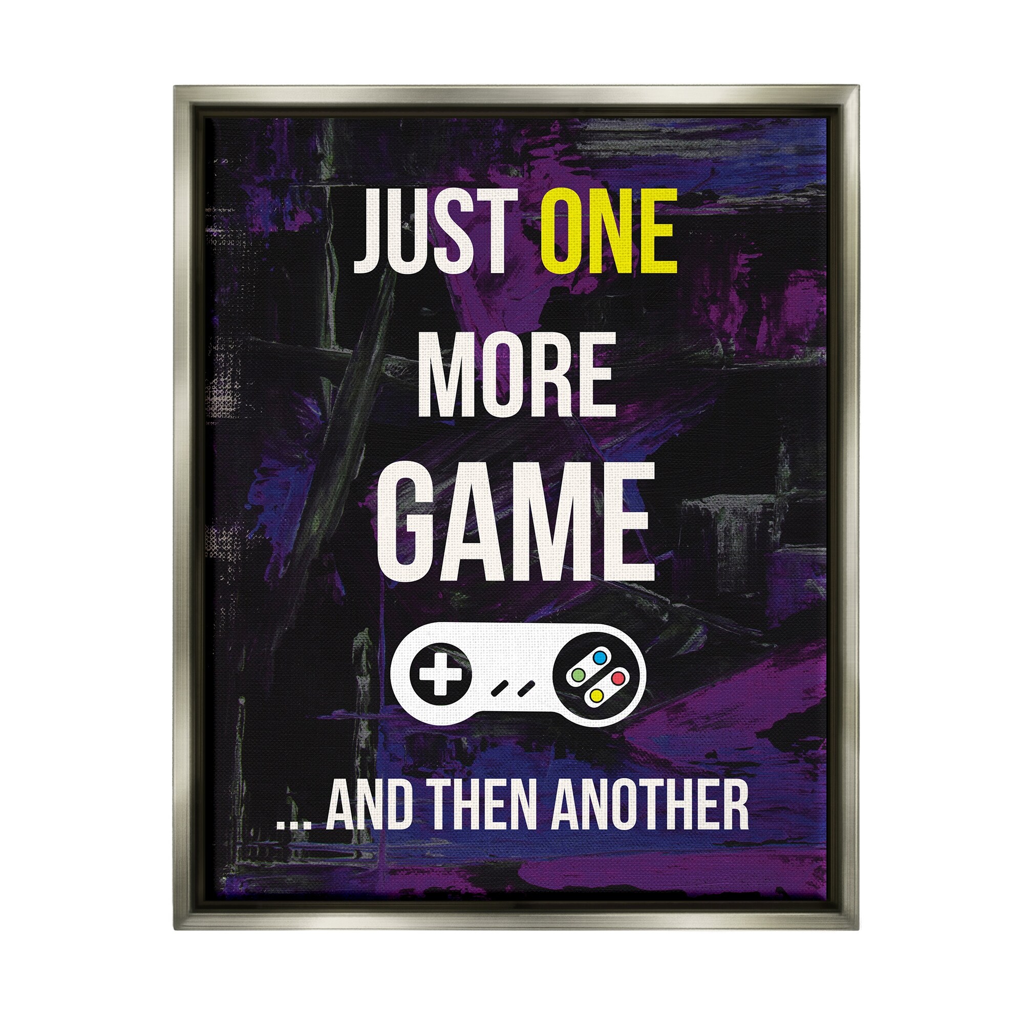 Stupell Industries One More Game Video Gamer Controller Text Sign Graphic Art Luster Gray Floating Framed Canvas Print Wall Art, Design by Annie Warren