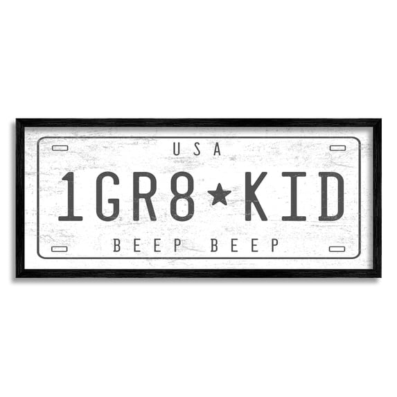 Stupell Industries One Great Kid Phrase Vintage Car License Plate Transportation Painting Black Framed Art Print Wall Art, 10 x 24