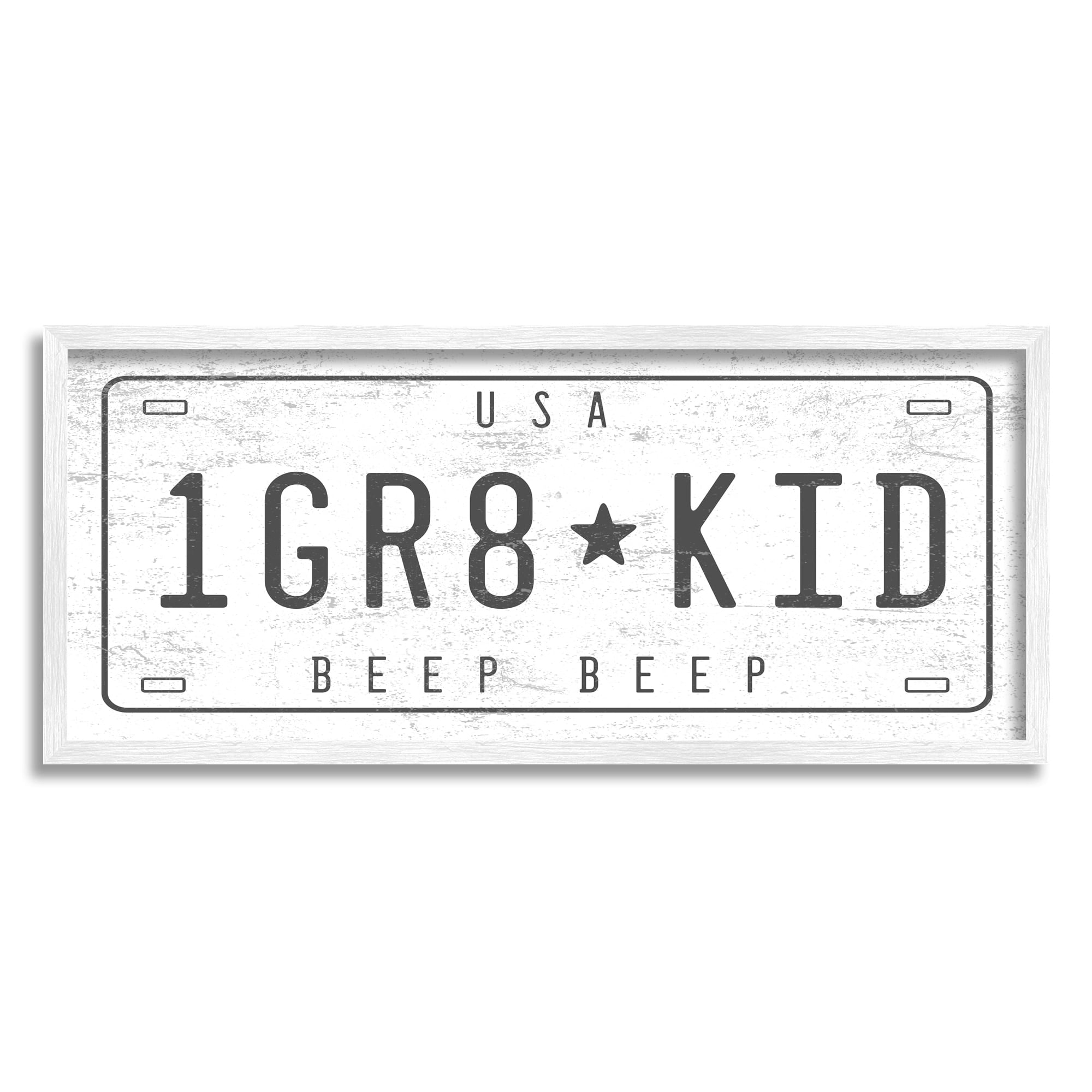 Stupell Industries One Great Kid Phrase Vintage Car License Plate Transportation Painting White Framed Art Print Wall Art, 13 x 30