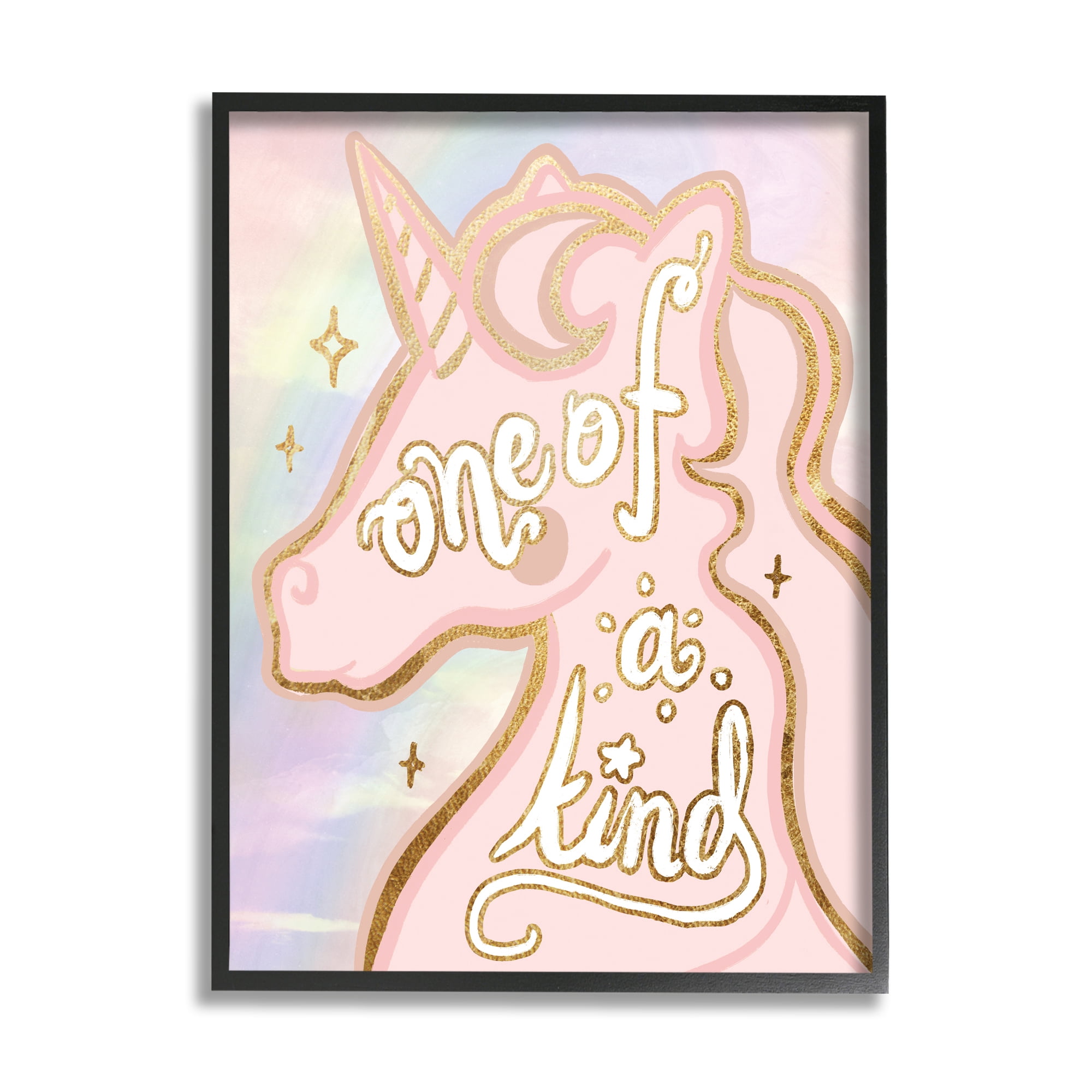 Stupell Industries One Of A Kind Phrase Pink Rainbow Unicorn Fairy Tales & Fantasy Painting Black Framed Art Print Wall Art, 16 x 20