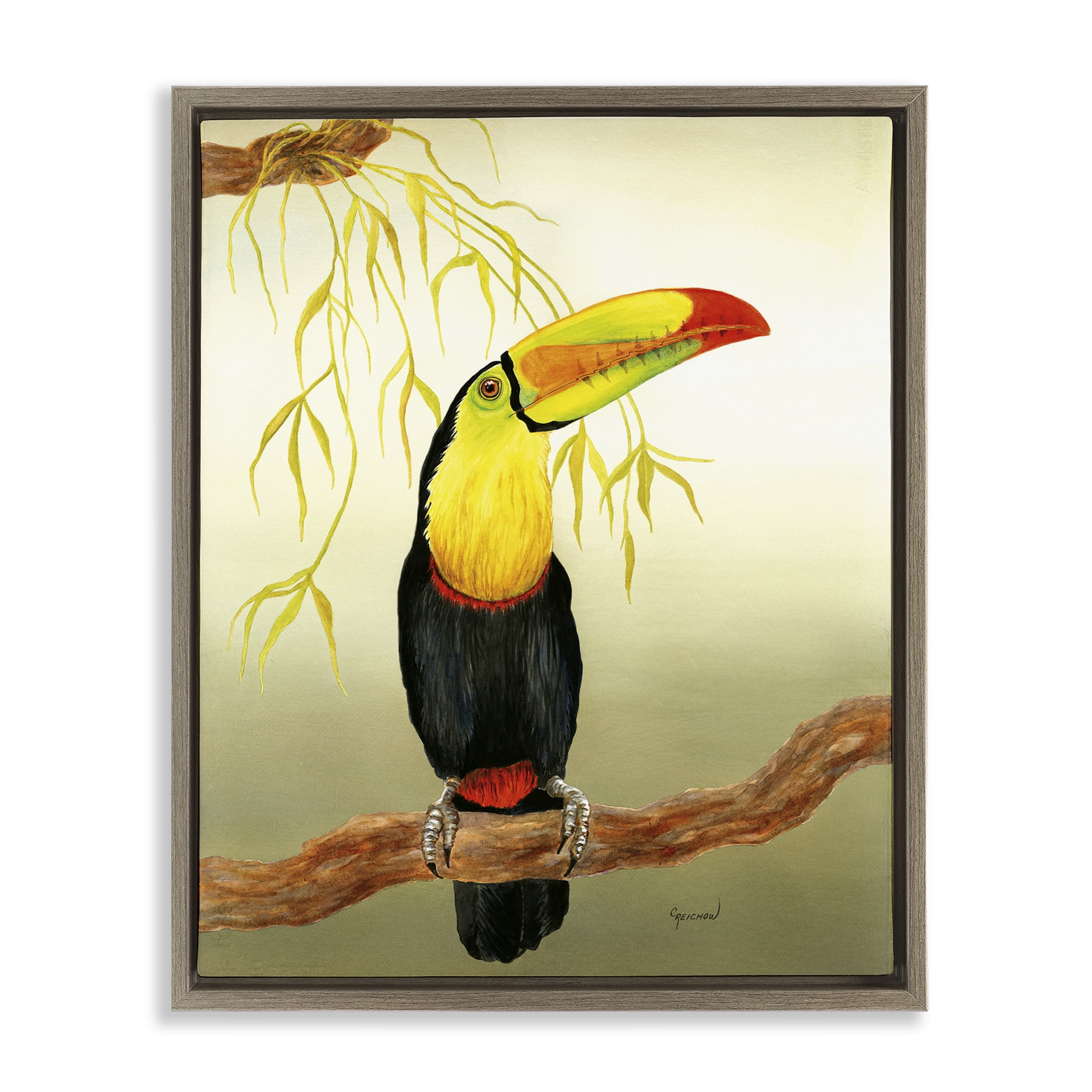 Stupell Industries One Toucan on Branch Animals & Insects Painting Brown Floater Framed Canvas Art Print Wall Art, 17 x 21