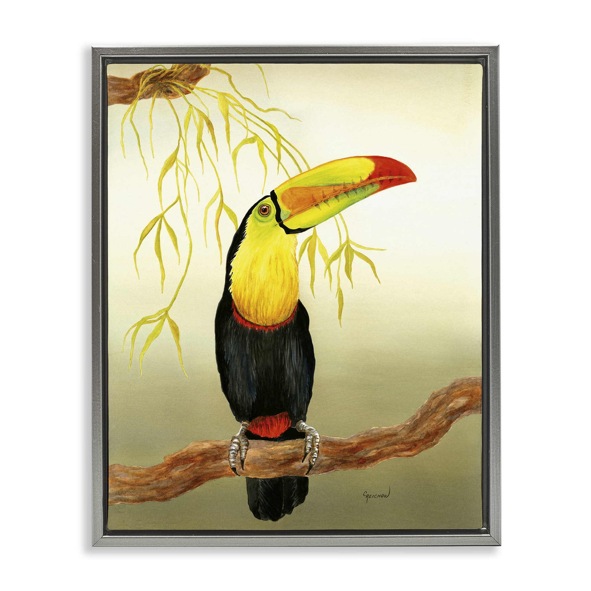 Stupell Industries One Toucan on Branch Animals & Insects Painting Gray Floater Framed Canvas Art Print Wall Art, 17 x 21