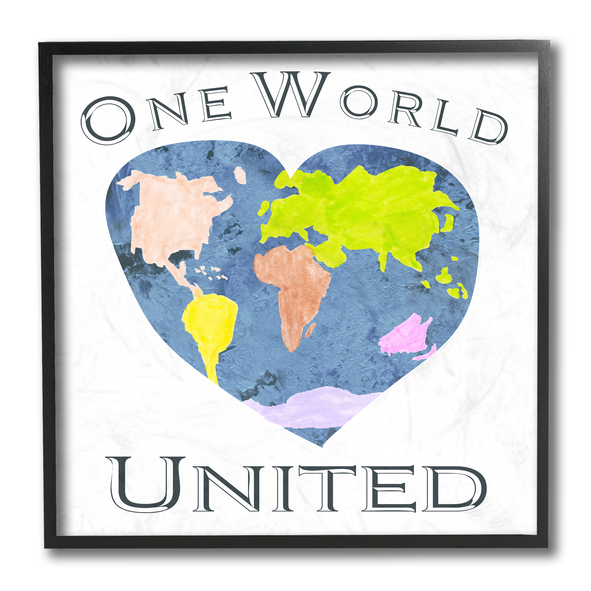 Stupell Industries One World United Phrase Abstract Heart Shaped Globe Art for Kids Painting Black Framed Art Print Wall Art, 12 x 12