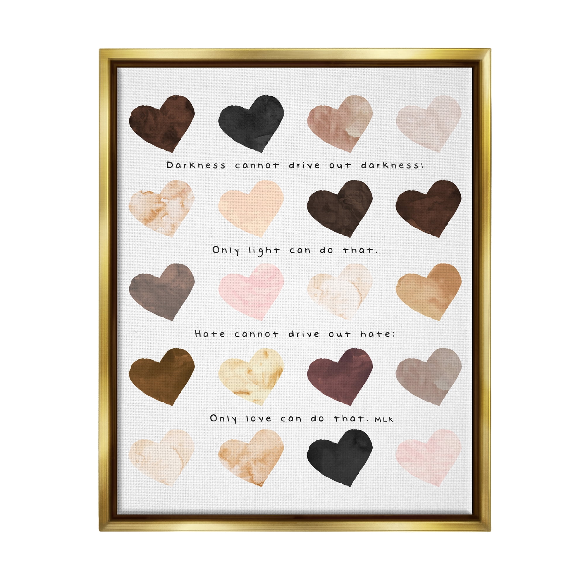 Stupell Industries Only Love Can Famous MLK Phrase Heart Pattern Metallic Gold Framed Floating Canvas Wall Art, 16x20, by Erica Billups