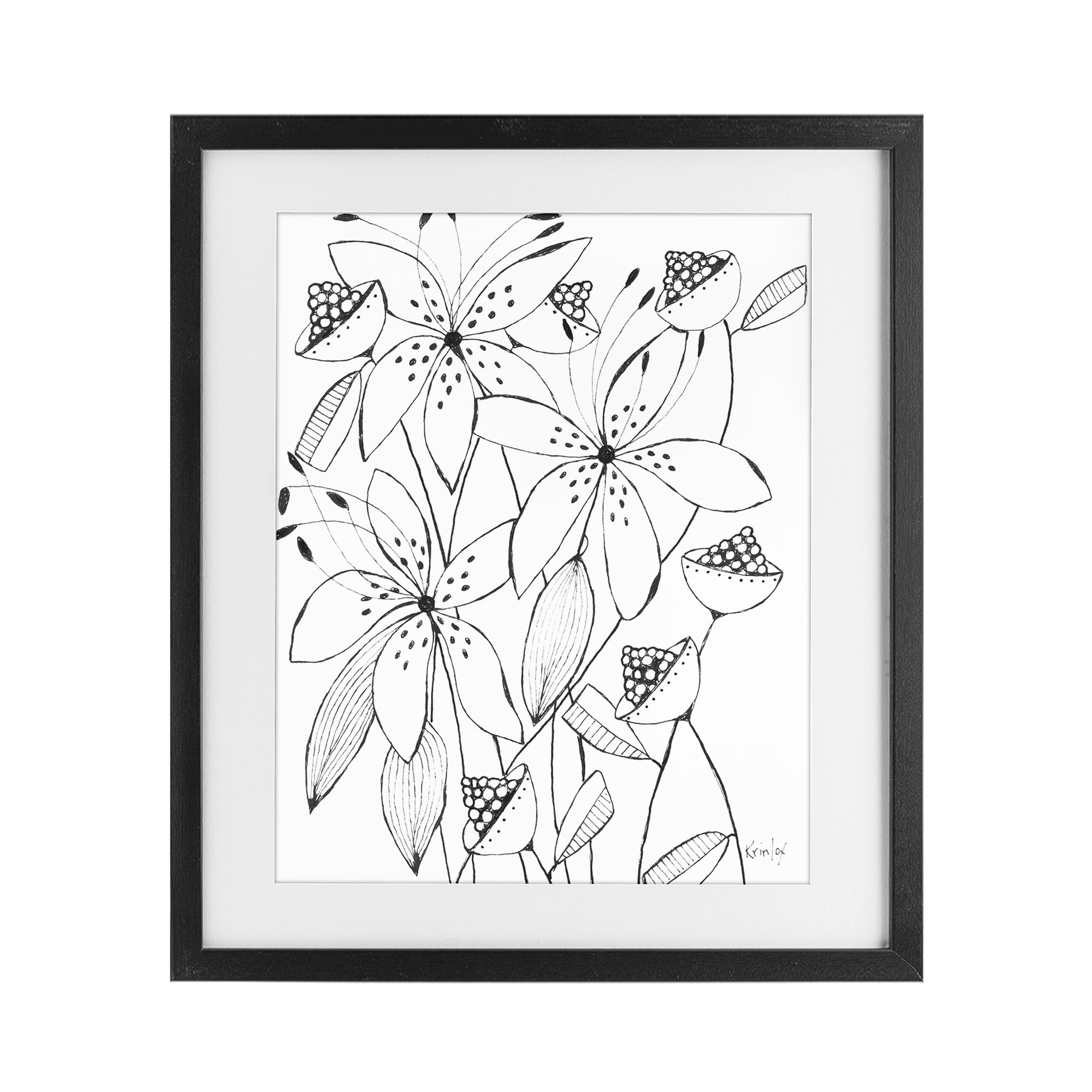 Stupell Industries Open Blooms Outline Black Framed Print Under Glass, design by Krinlox