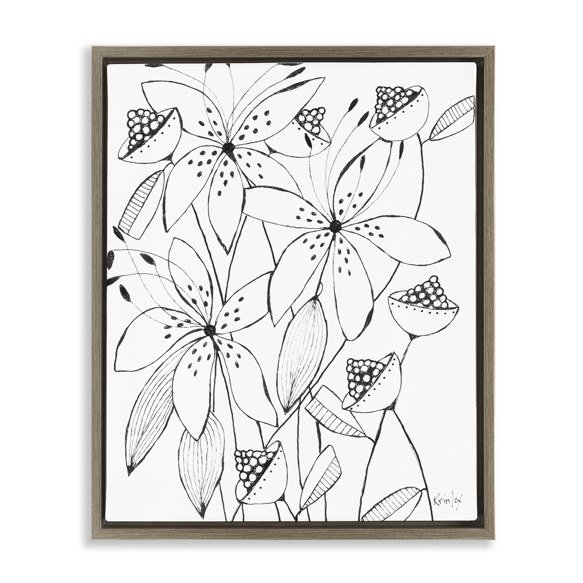 Stupell Industries Open Blooms Outline Brown Framed Floater Canvas Wall Art, design by Krinlox