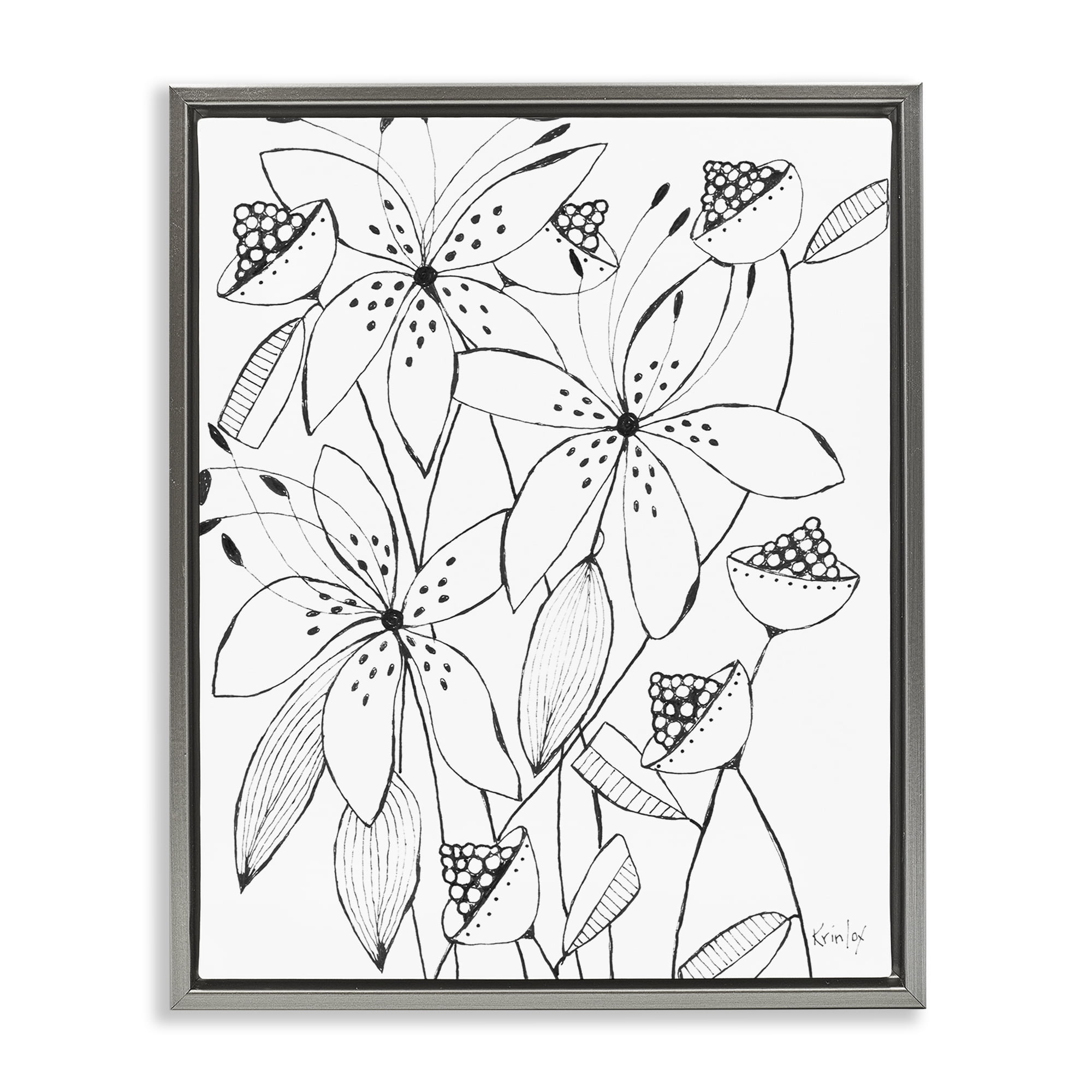 Stupell Industries Open Blooms Outline Gray Framed Floater Canvas Wall Art, design by Krinlox