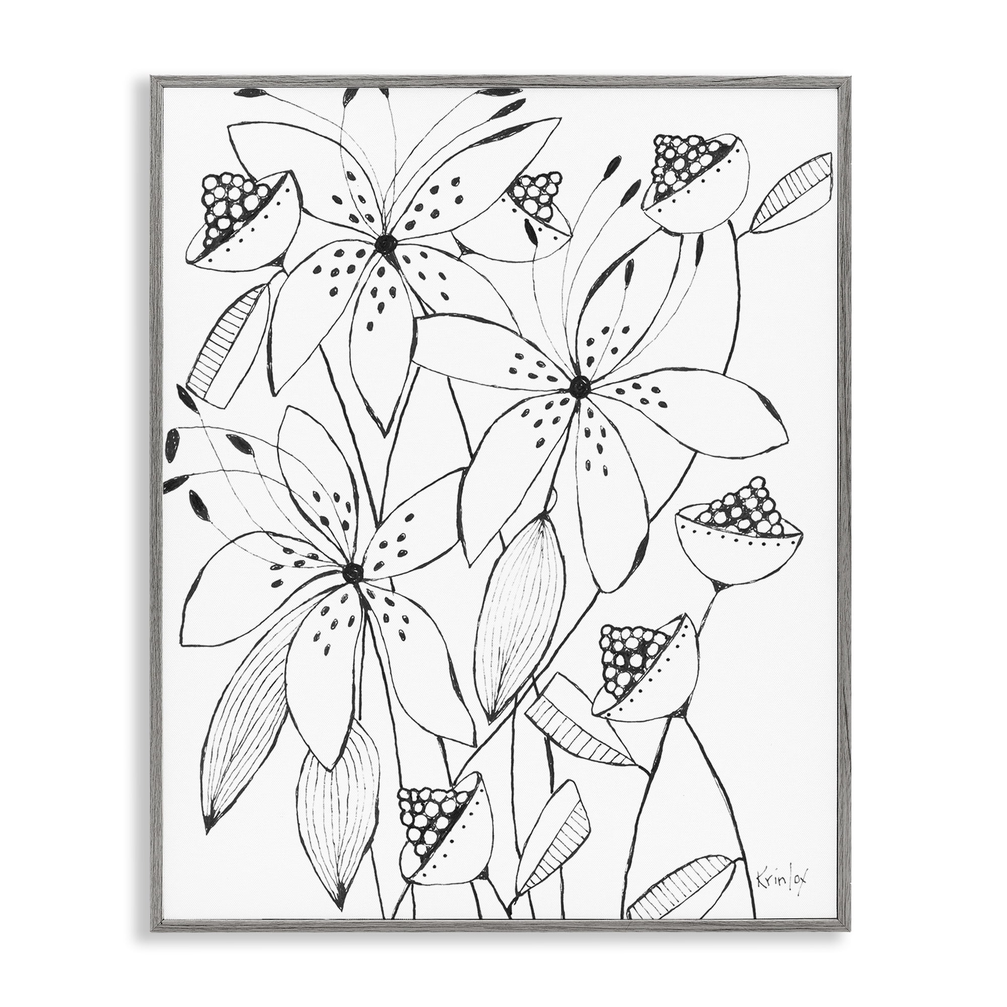Stupell Industries Open Blooms Outline Gray Framed Giclee Art, design by Krinlox