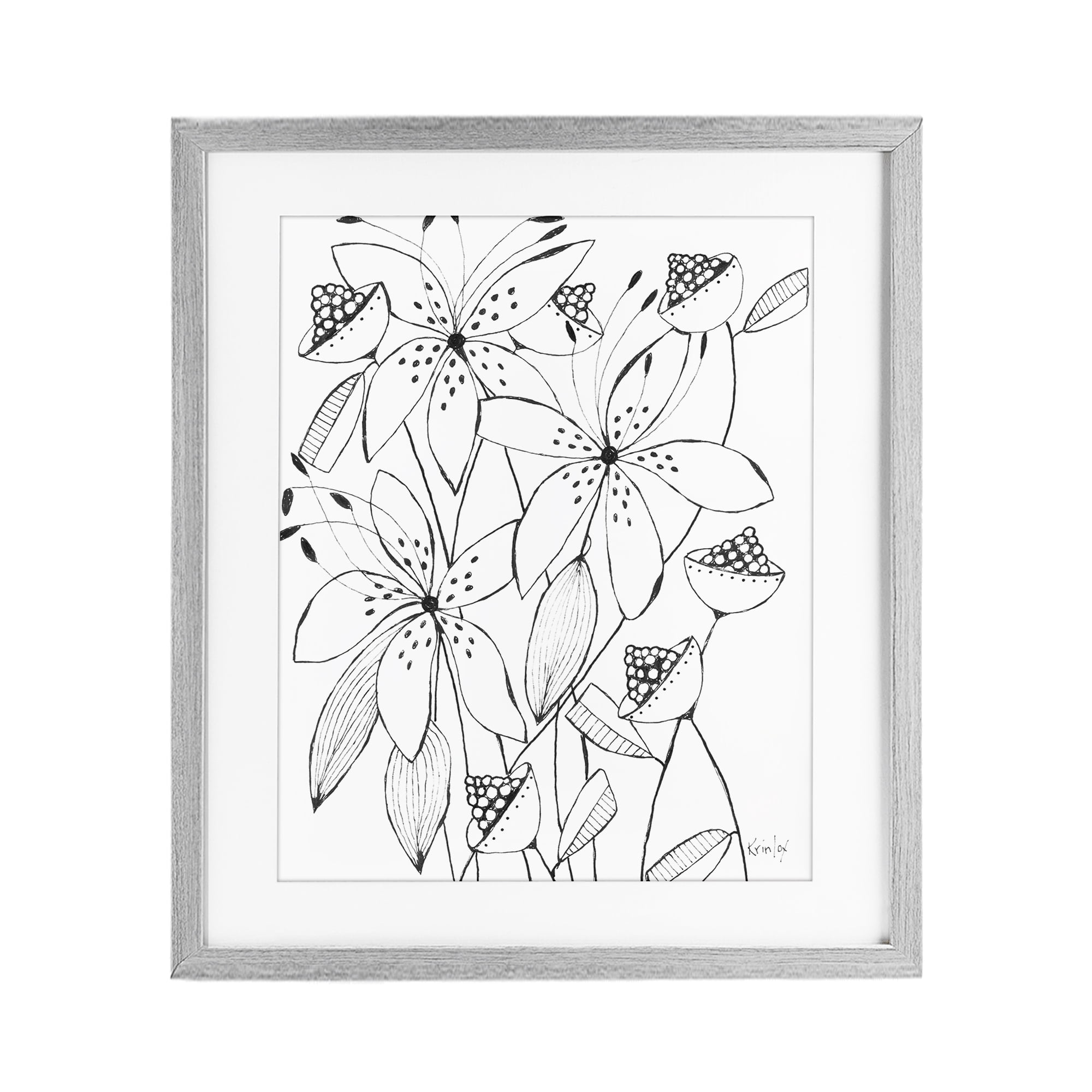 Stupell Industries Open Blooms Outline Gray Framed Print Under Glass, design by Krinlox