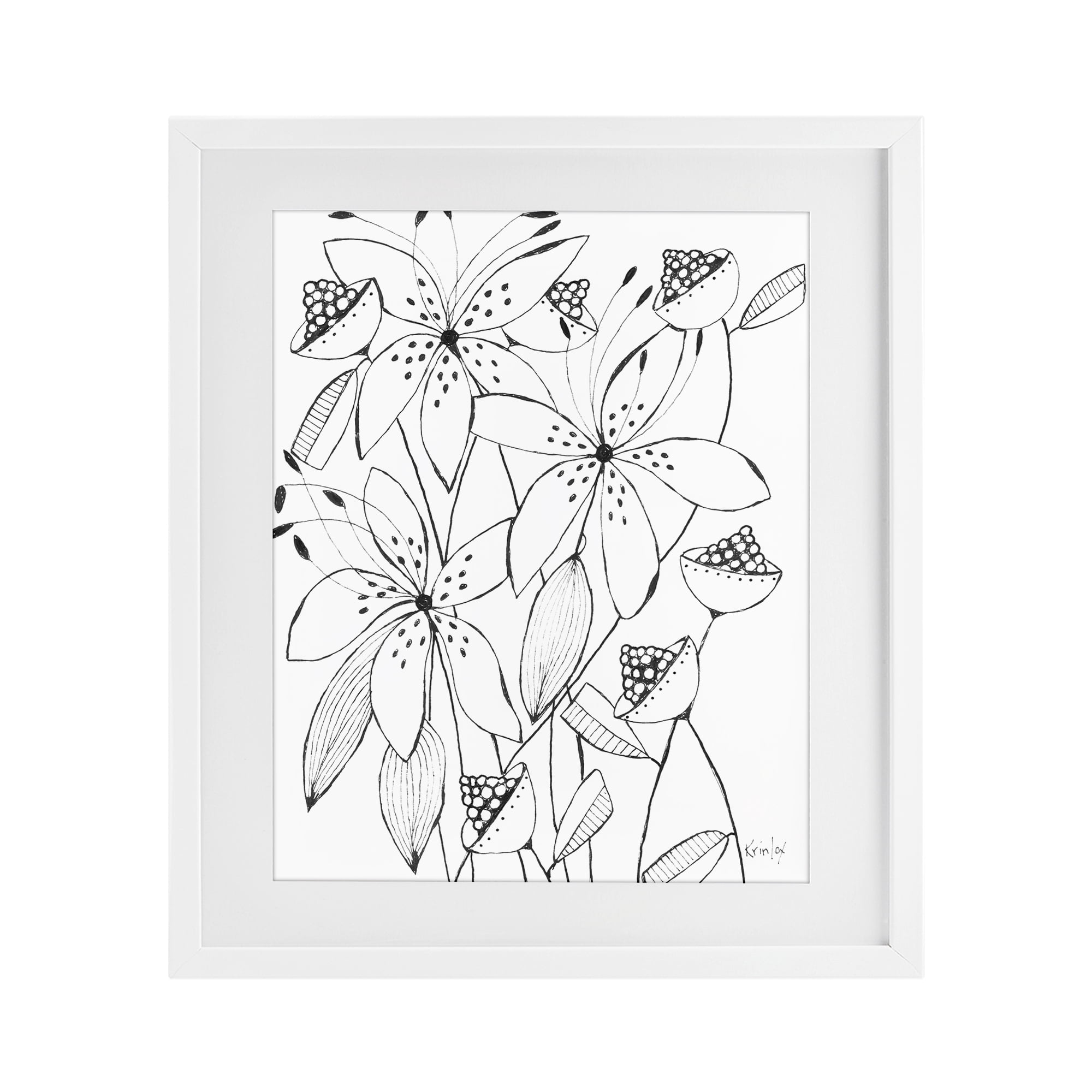 Stupell Industries Open Blooms Outline White Framed Print Under Glass, design by Krinlox