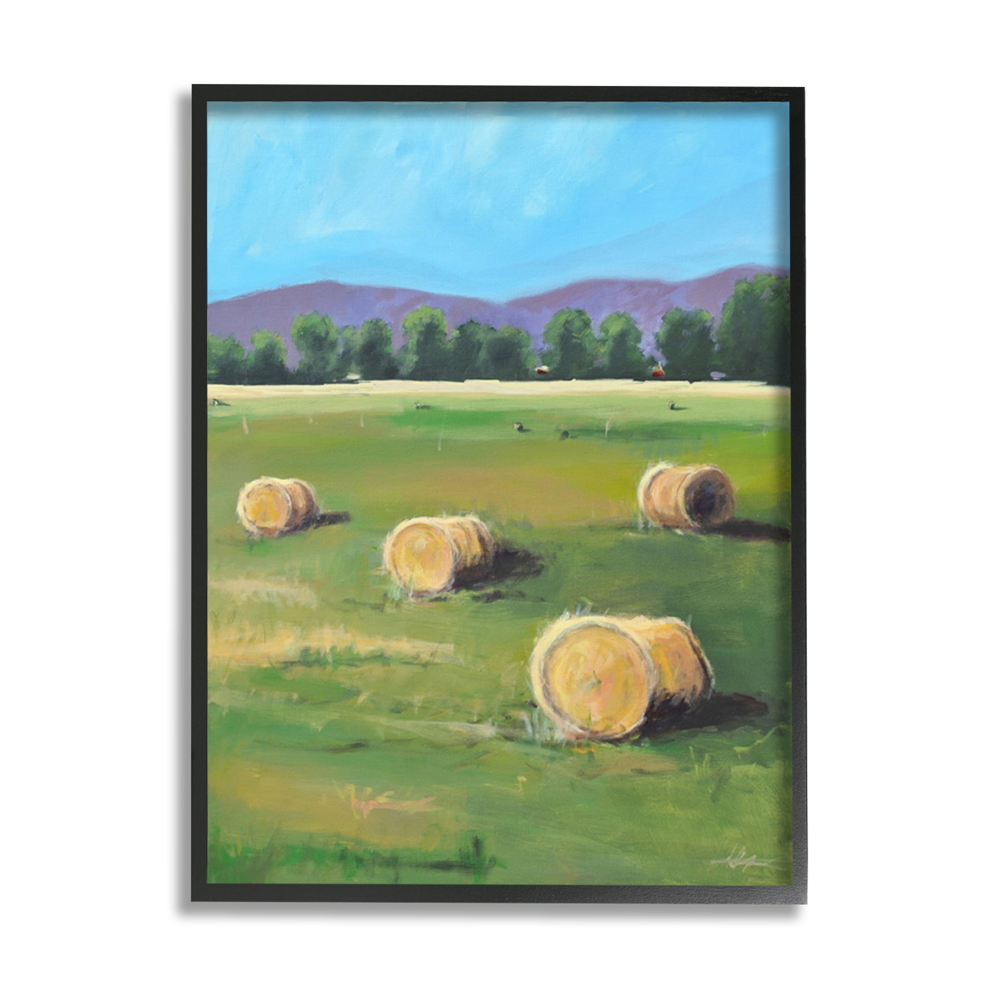 Stupell Industries Open Country Farmland Landscape Yellow Hay Bails Landscape Painting Black Framed Art Print Wall Art, 16 x 20