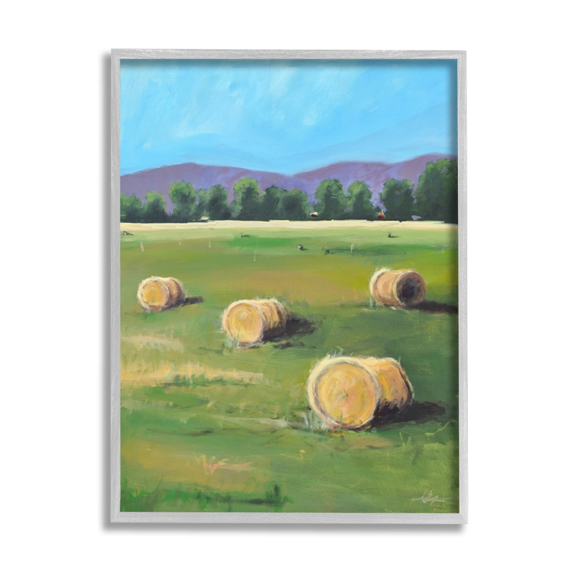 Stupell Industries Open Country Farmland Landscape Yellow Hay Bails Landscape Painting Gray Framed Art Print Wall Art, 16 x 20