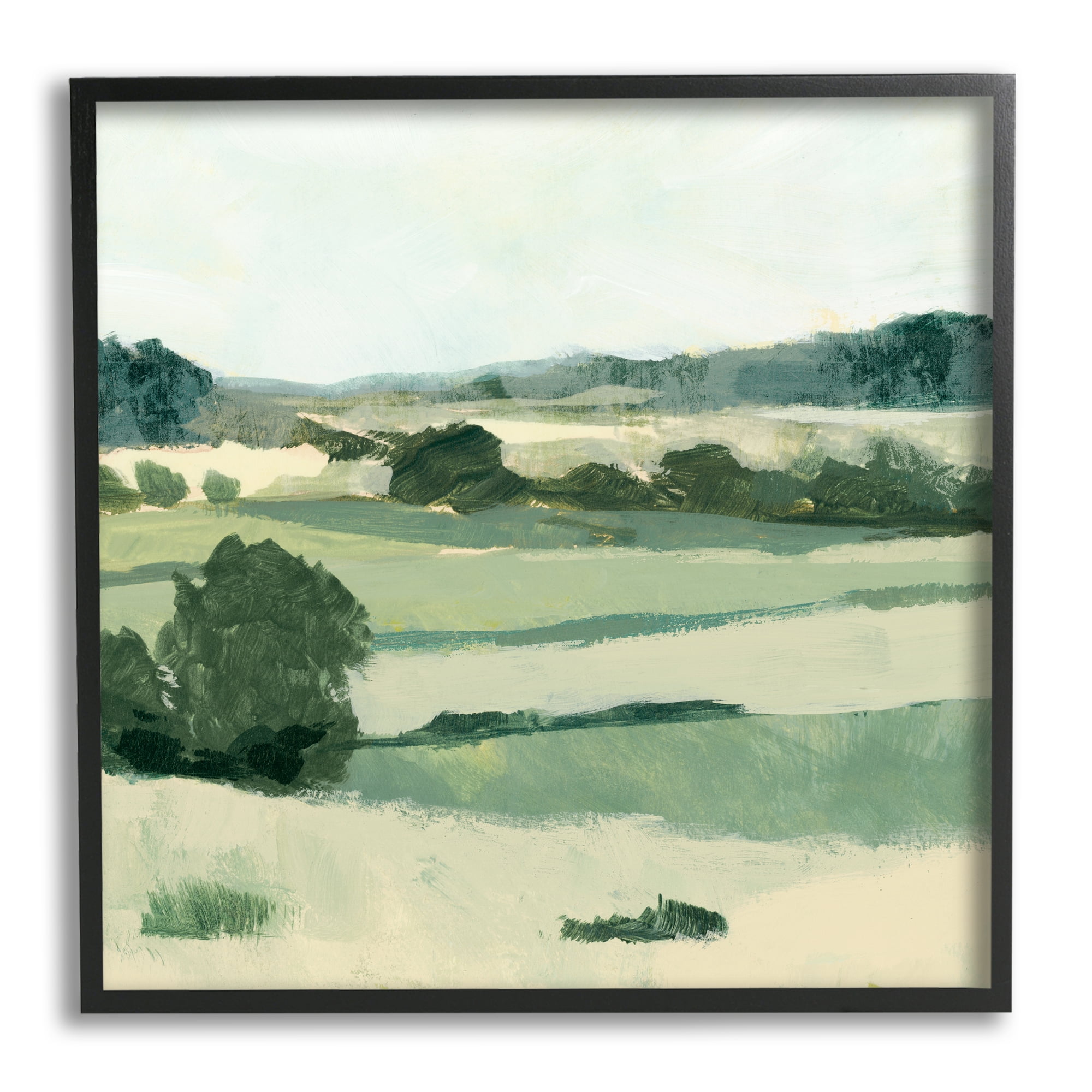 Stupell Industries Open Countryside Landscape Soft Green Rolling Hills Landscape Painting Black Framed Art Print Wall Art, 24 x 24