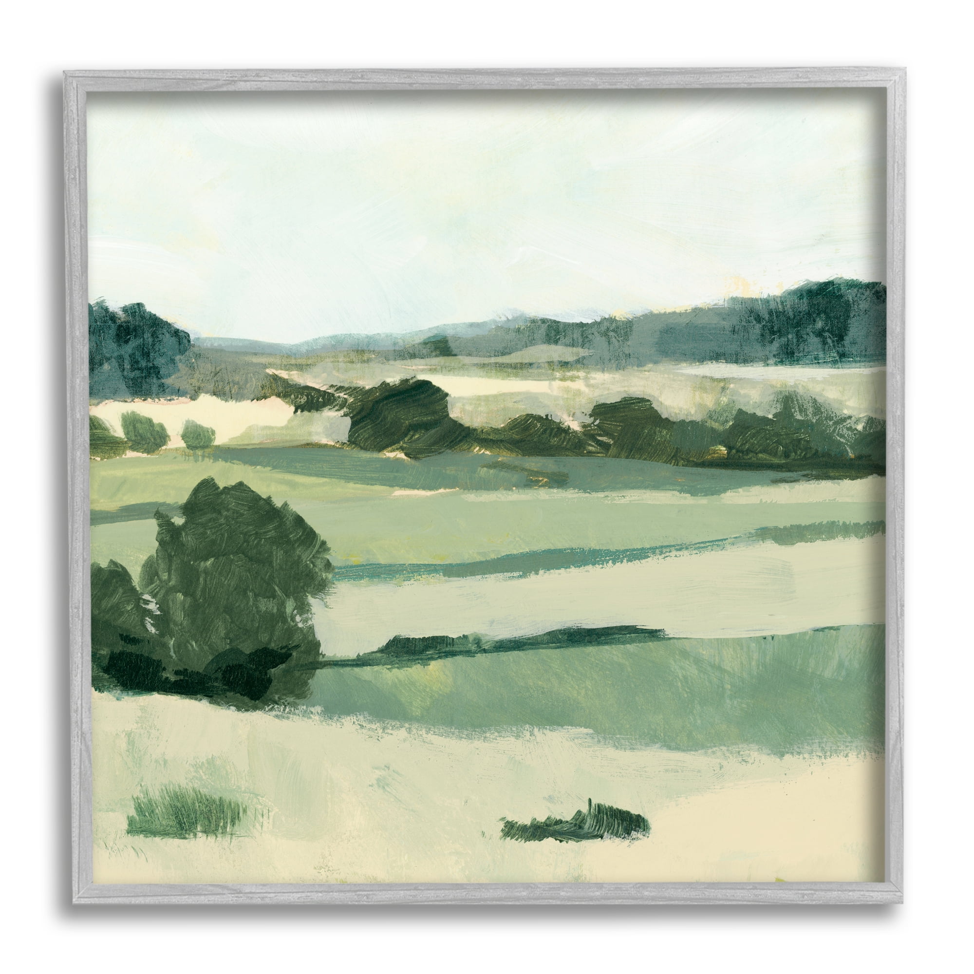 Stupell Industries Open Countryside Landscape Soft Green Rolling Hills Landscape Painting Gray Framed Art Print Wall Art, 12 x 12