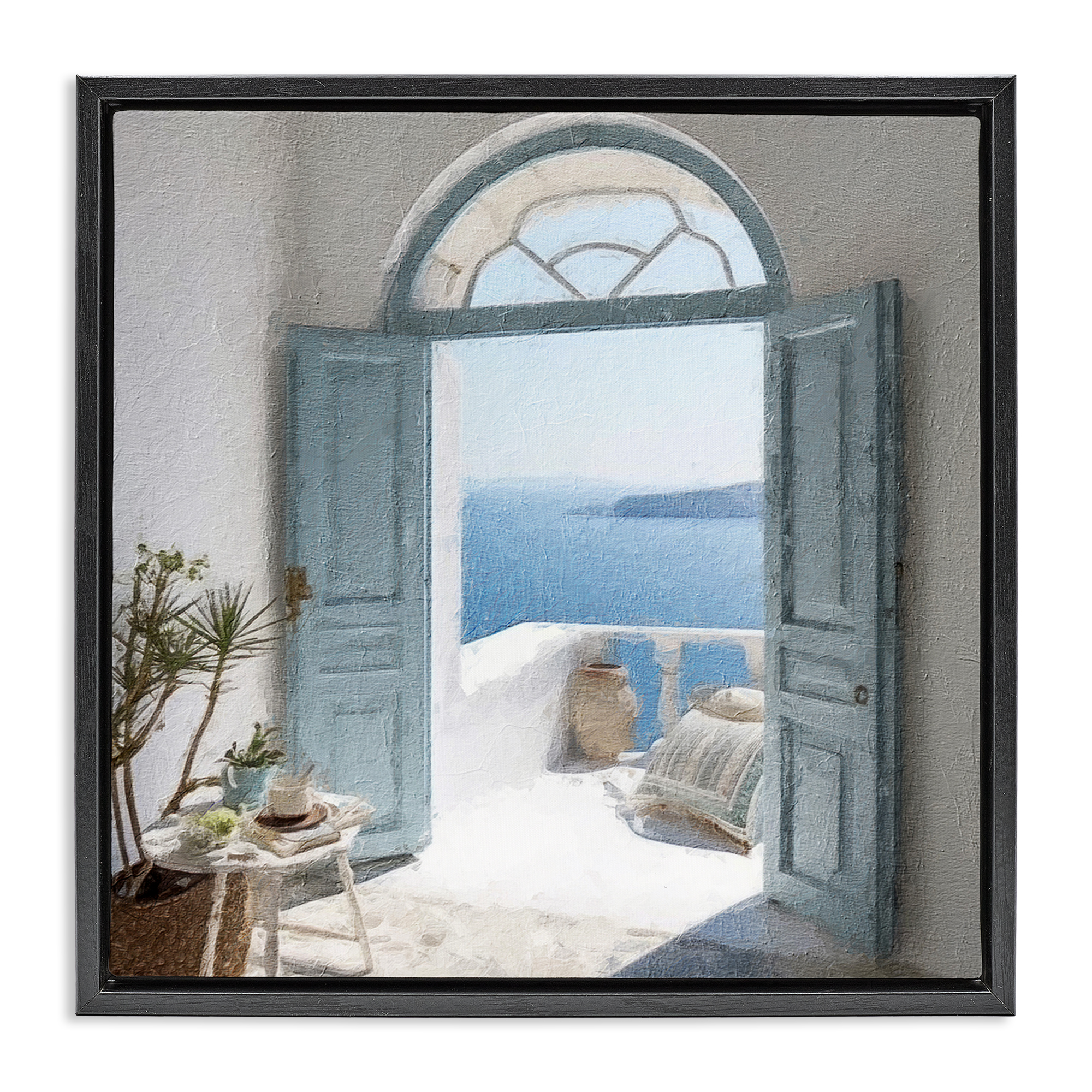 Stupell Industries Open Doorway to Sea Town & City Painting Black Floater Framed Canvas Art Print Wall Art, 18 x 18