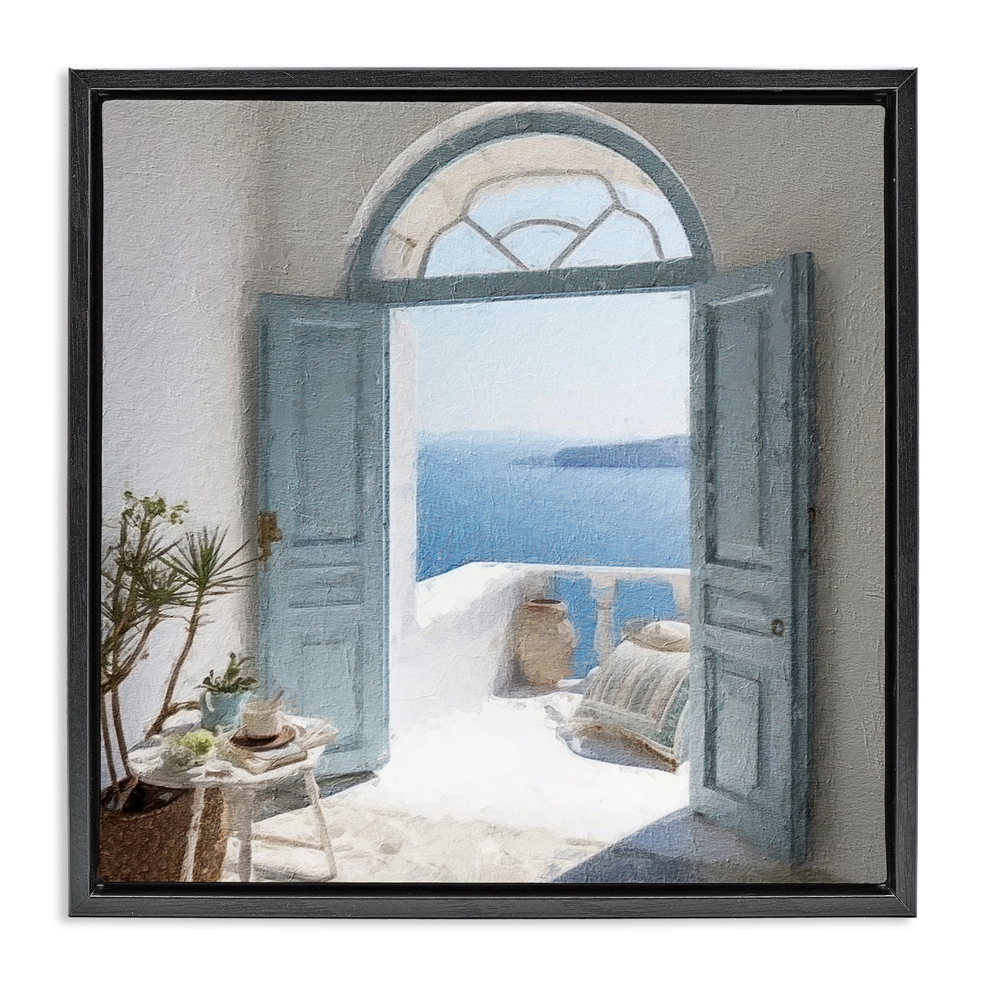 Stupell Industries Open Doorway to Sea Town & City Painting Black Floater Framed Canvas Art Print Wall Art, 25 x 25