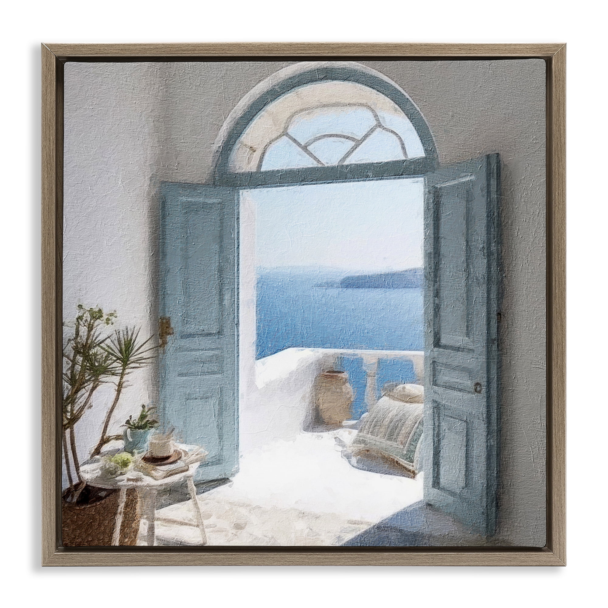 Stupell Industries Open Doorway to Sea Town & City Painting Brown Floater Framed Canvas Art Print Wall Art, 18 x 18