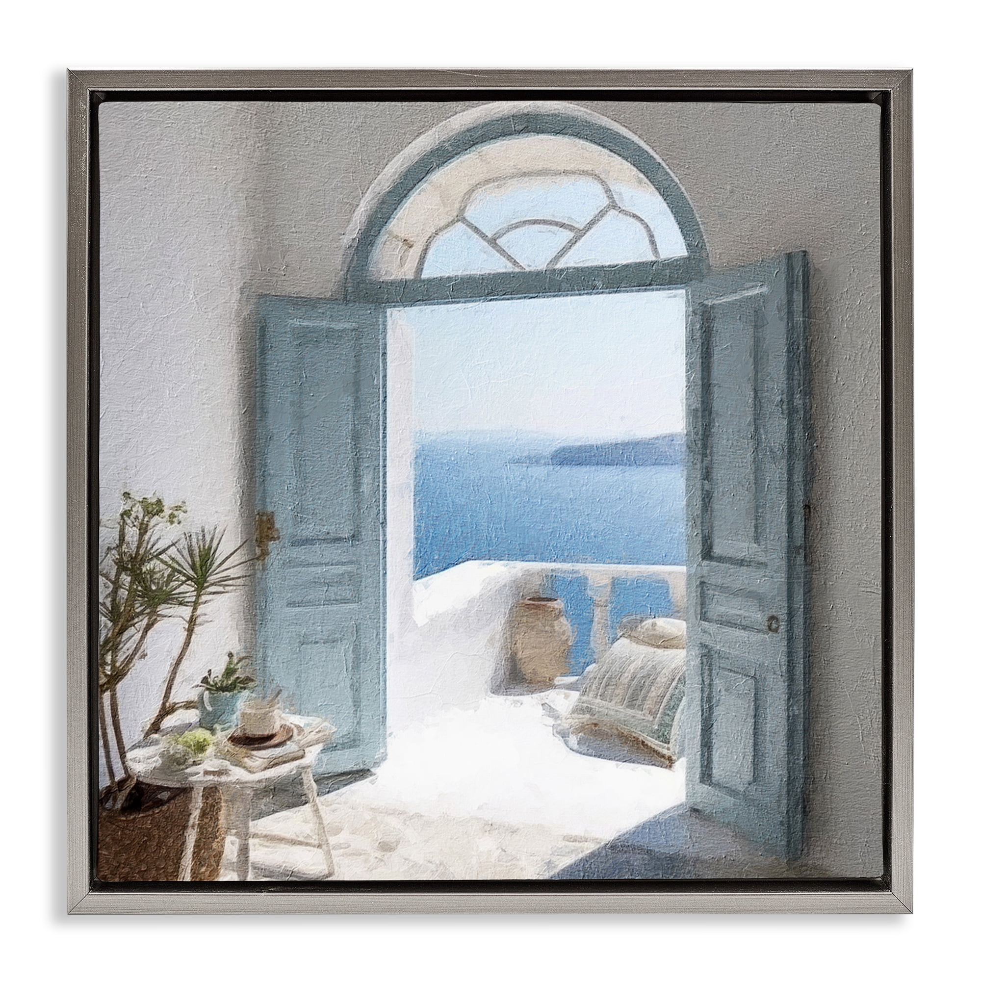 Stupell Industries Open Doorway to Sea Town & City Painting Gray Floater Framed Canvas Art Print Wall Art, 25 x 25