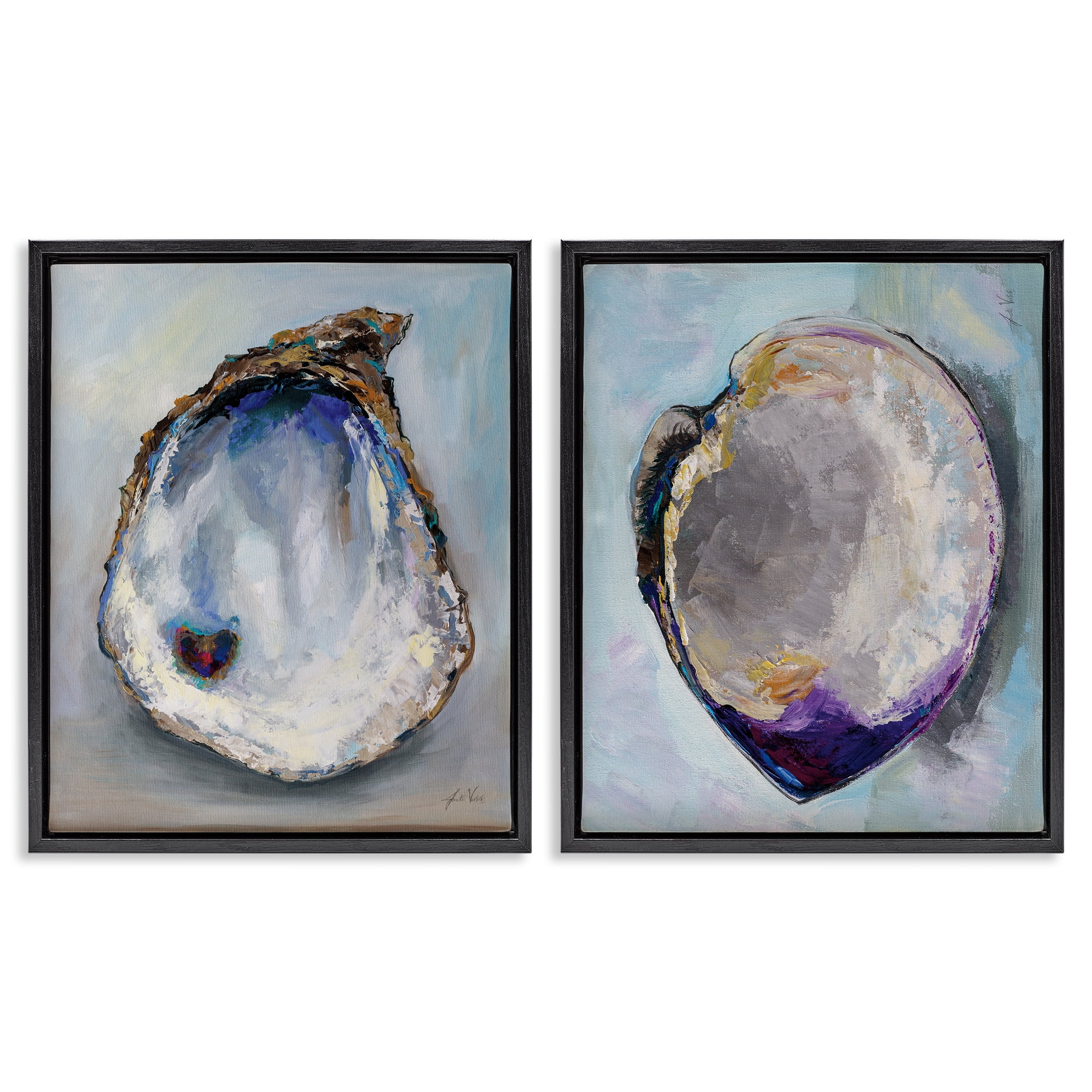 Stupell Industries Open Oyster Clam Shell Nautical & Beach Painting Black Floater Framed Canvas Art Print Wall Art, 31 x 25, Set of 2