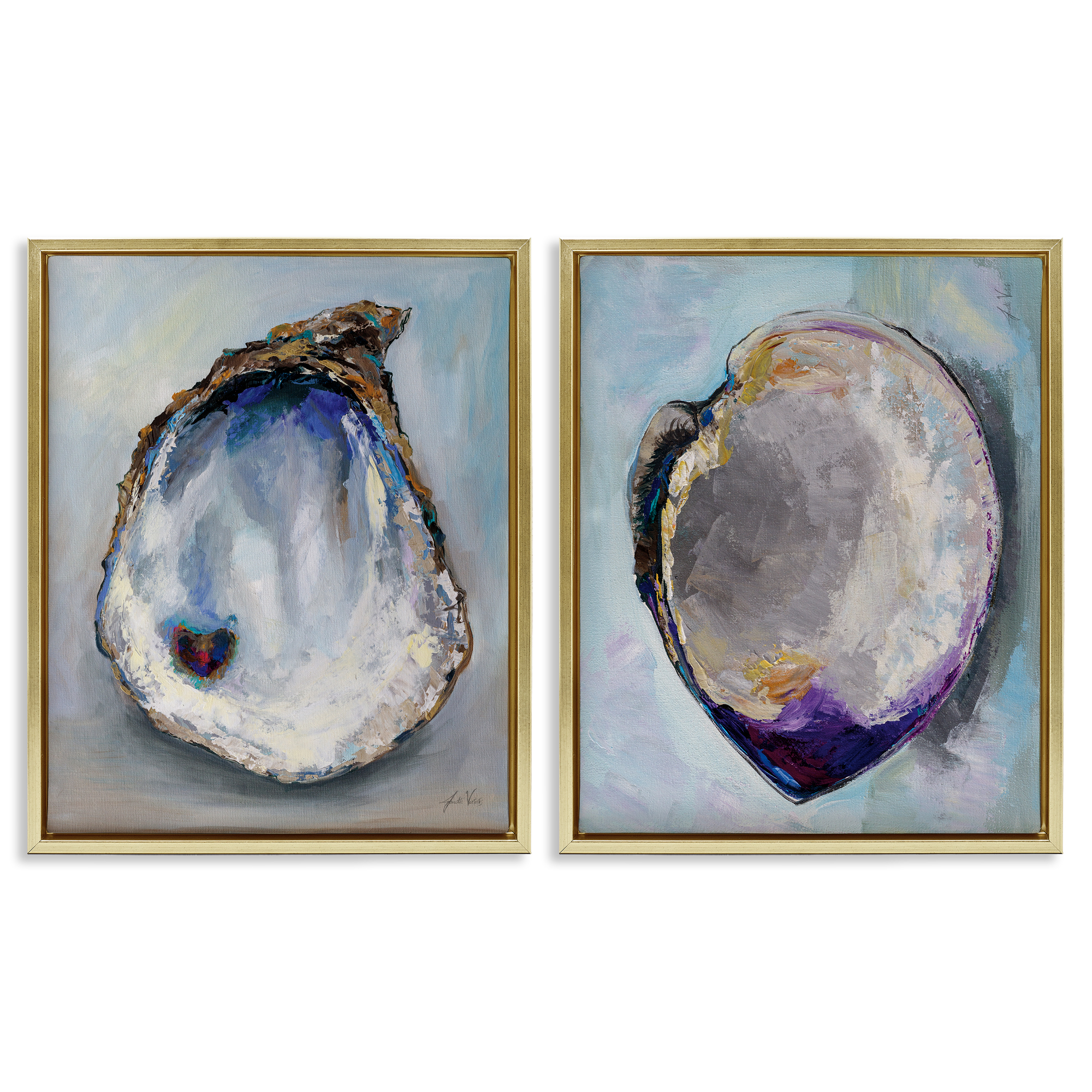 Stupell Industries Open Oyster Clam Shell Nautical & Beach Painting Gold Floater Framed Canvas Art Print Wall Art, 17 x 21, Set of 2
