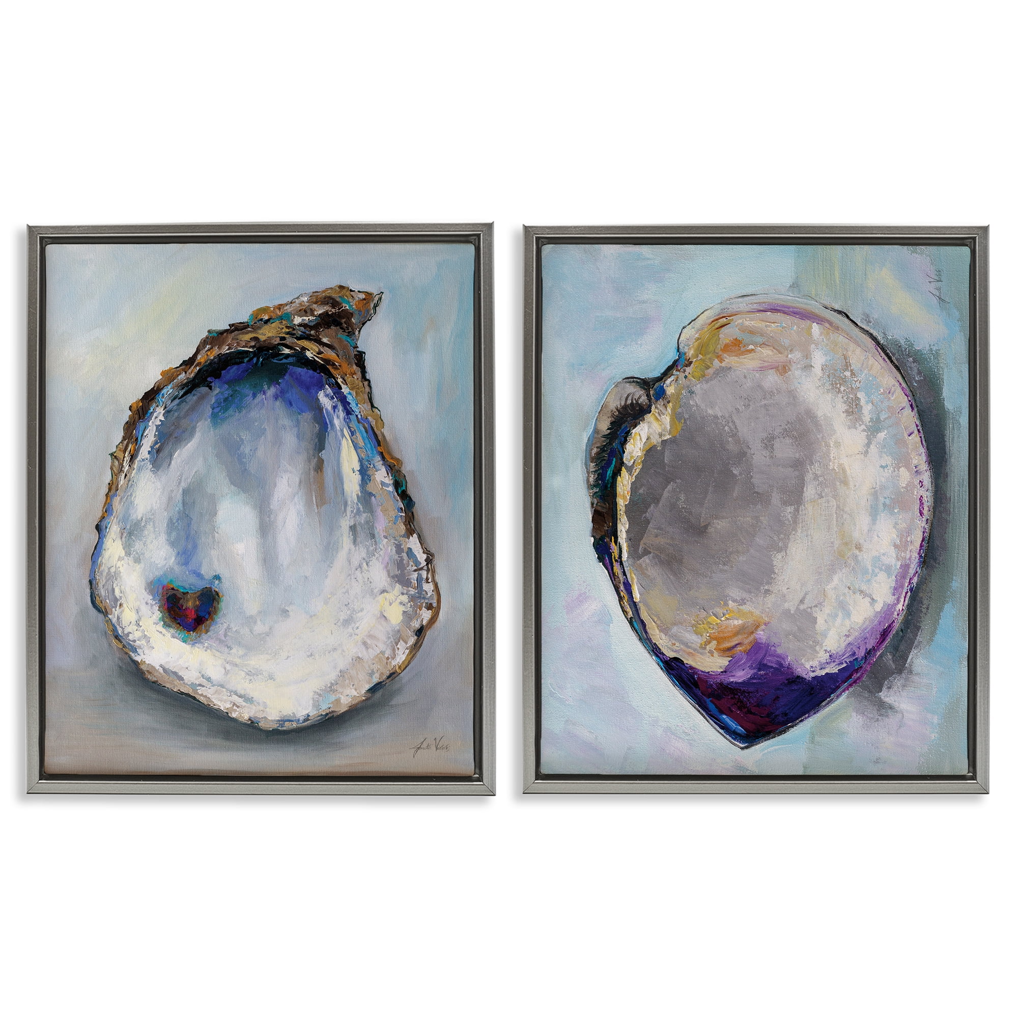 Stupell Industries Open Oyster Clam Shell Nautical & Beach Painting Gray Floater Framed Canvas Art Print Wall Art, 17 x 21, Set of 2