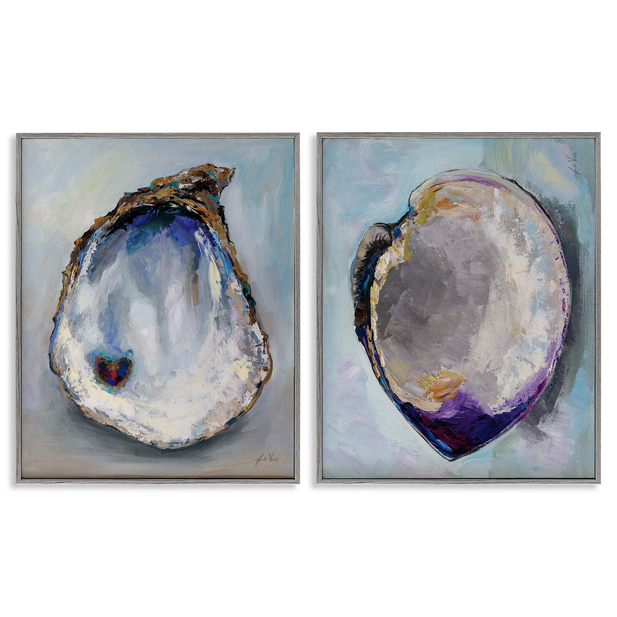 Stupell Industries Open Oyster Clam Shell Nautical & Beach Painting Gray Framed Art Print Wall Art, 24 x 30, Set of 2